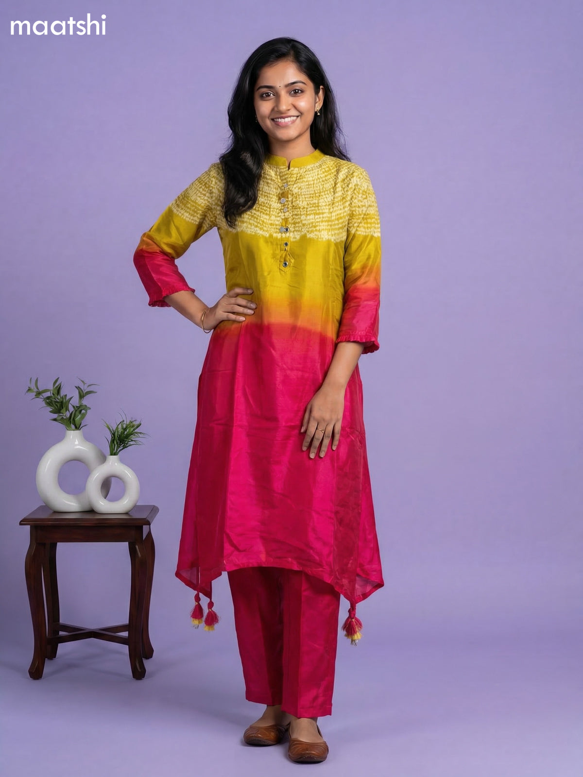 Lime Green and Pink Art Tussar Shibori Printed Fish Cut Kurti Set