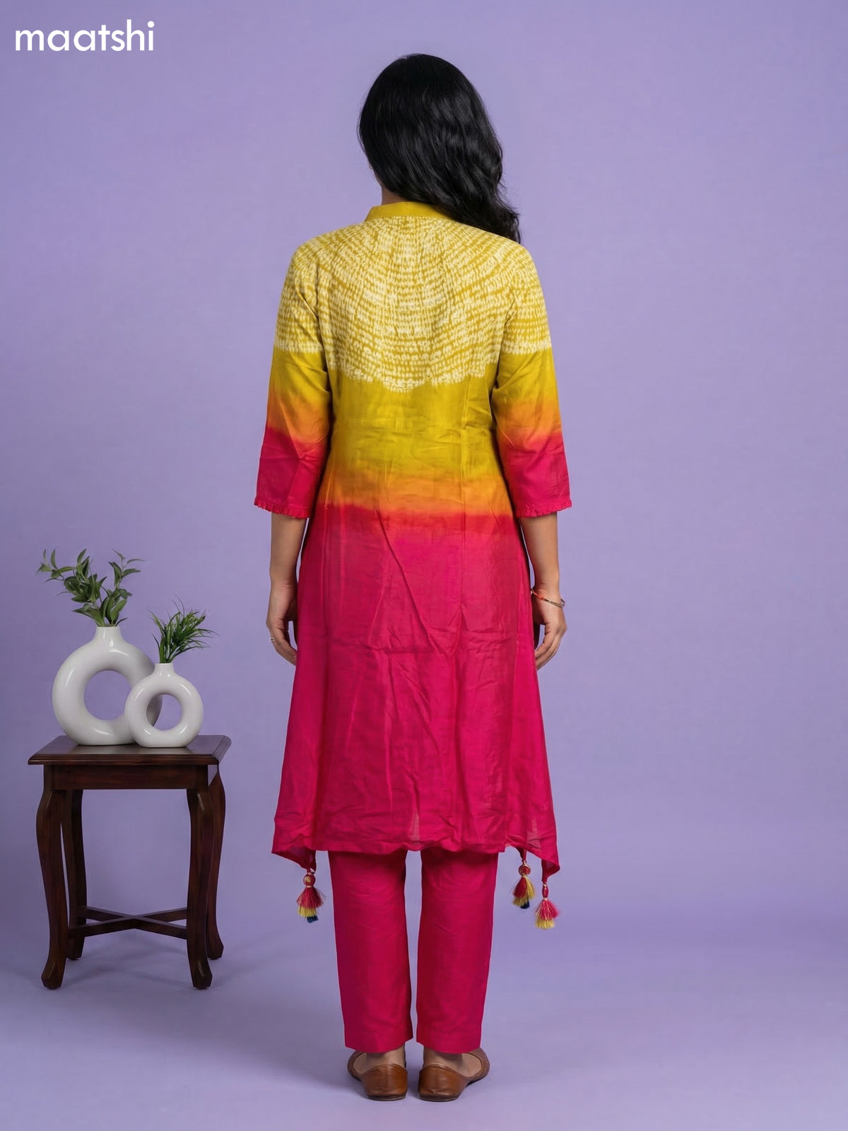 Lime Green and Pink Art Tussar Shibori Printed Fish Cut Kurti Set