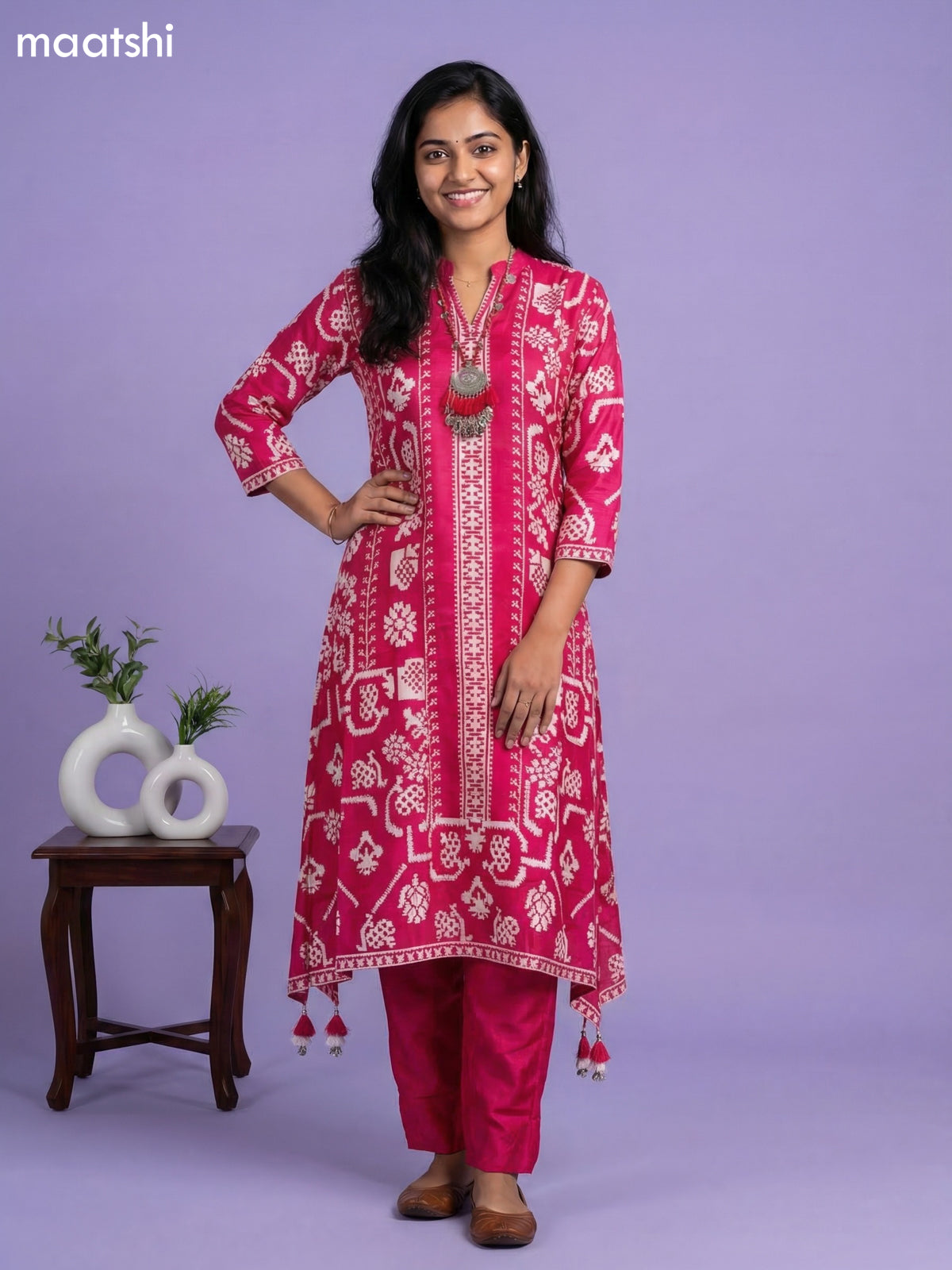 Pink Art Tussar Printed Fish Cut Kurti Set