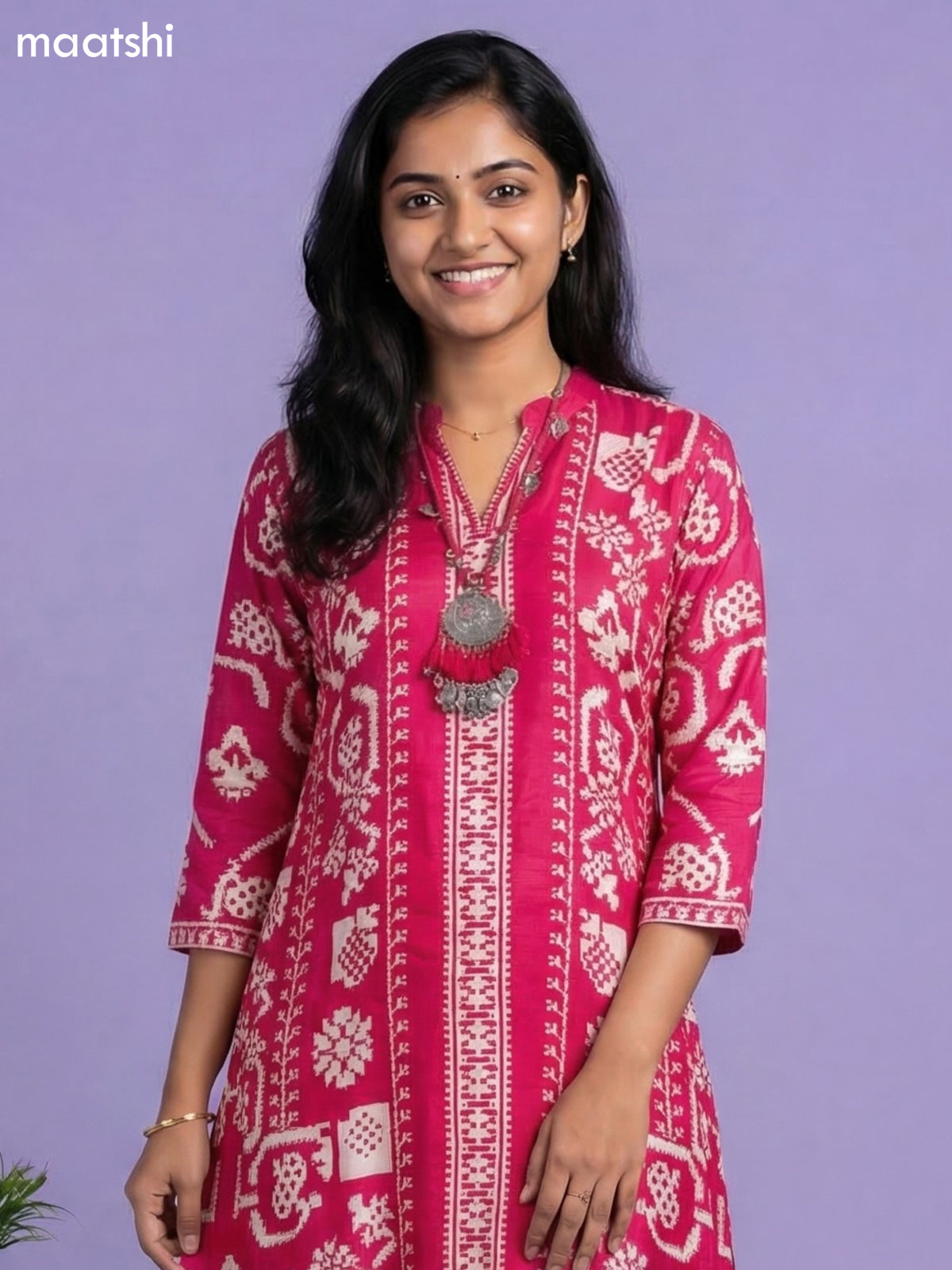 Pink Art Tussar Printed Fish Cut Kurti Set