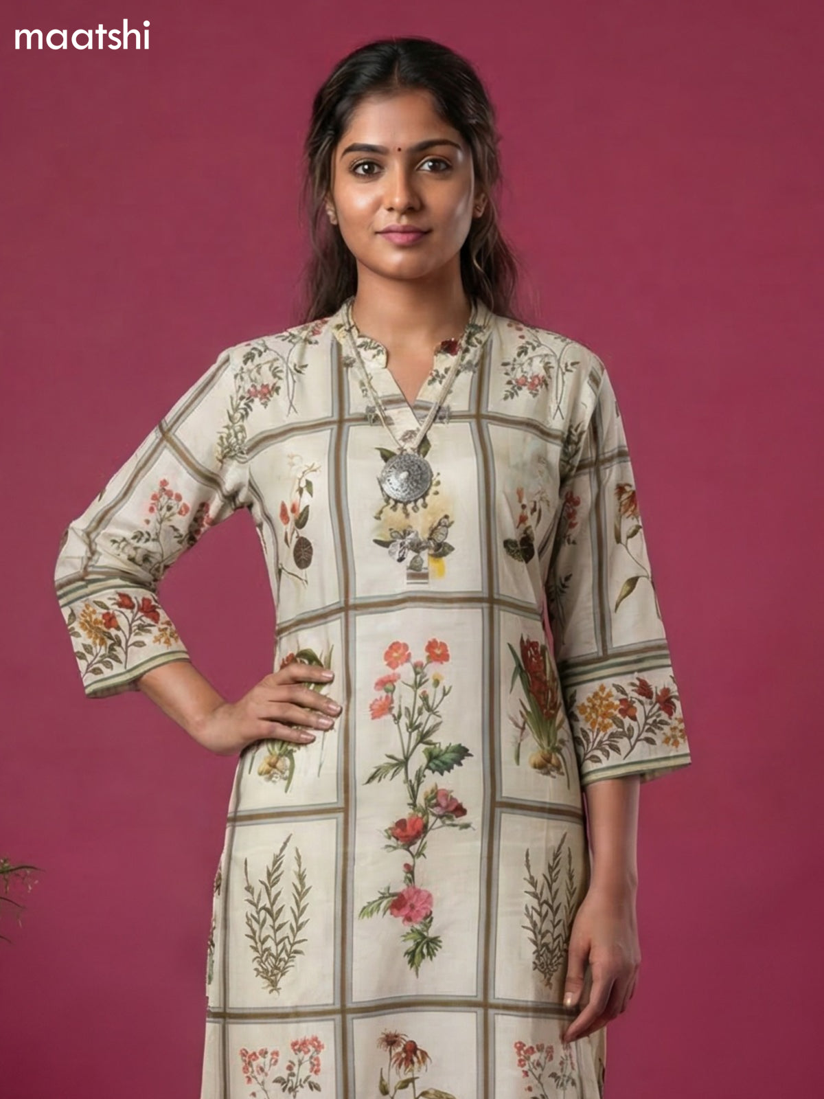 Cream Art Tussar Printed Fish Cut Kurti Set