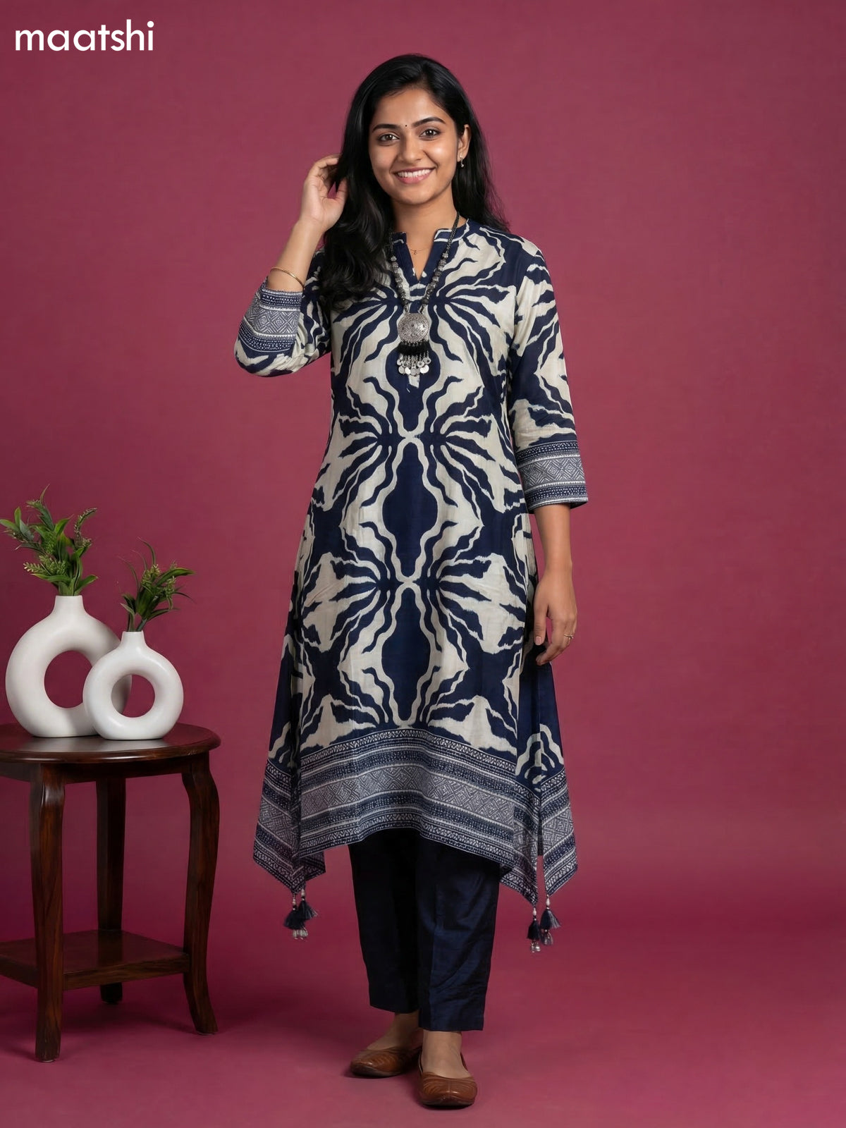 Navy Blue and Grey Art Tussar Printed Fish Cut Kurti Set