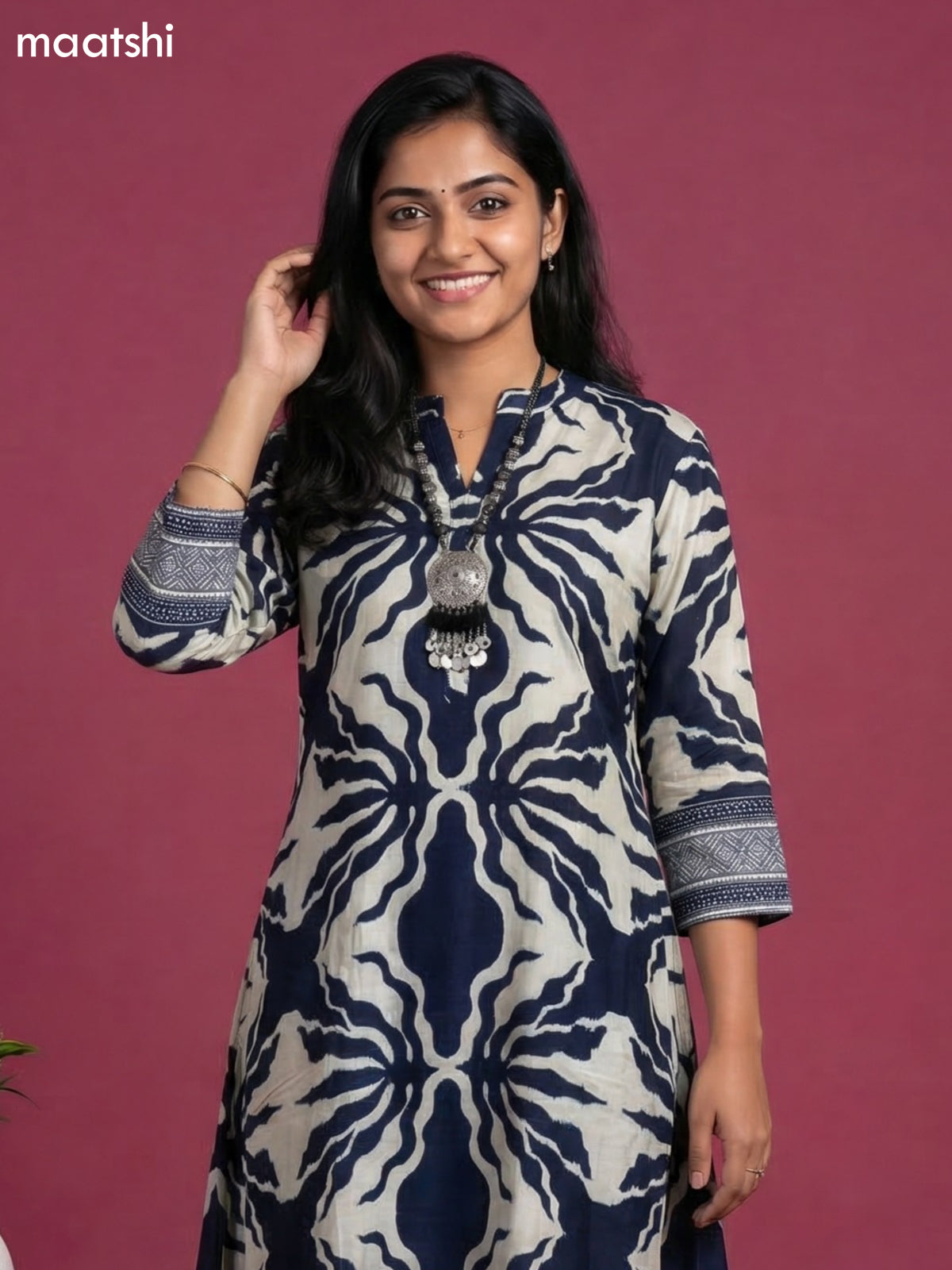 Navy Blue and Grey Art Tussar Printed Fish Cut Kurti Set