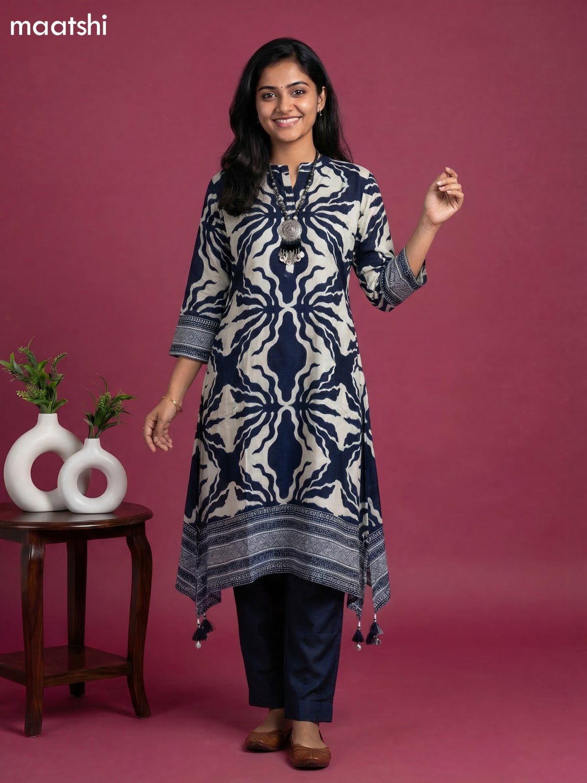 Navy Blue and Grey Art Tussar Printed Fish Cut Kurti Set