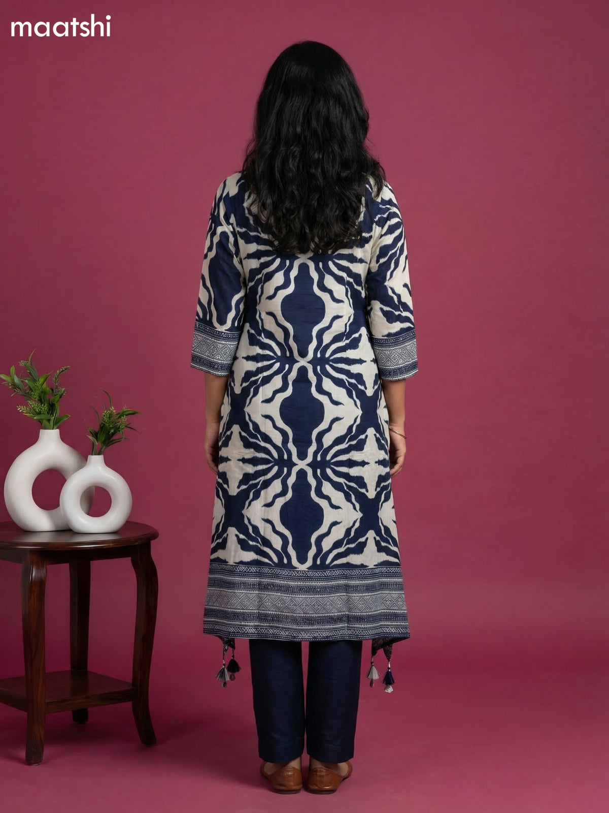 Navy Blue and Grey Art Tussar Printed Fish Cut Kurti Set