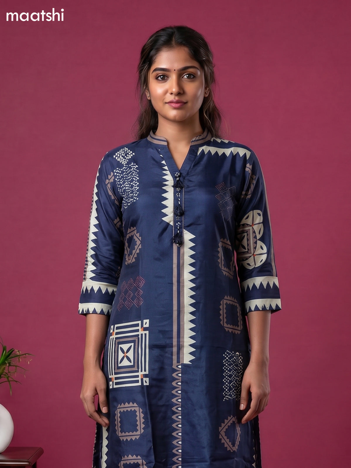 Navy Blue Art Tussar Printed Fish Cut Kurti Set