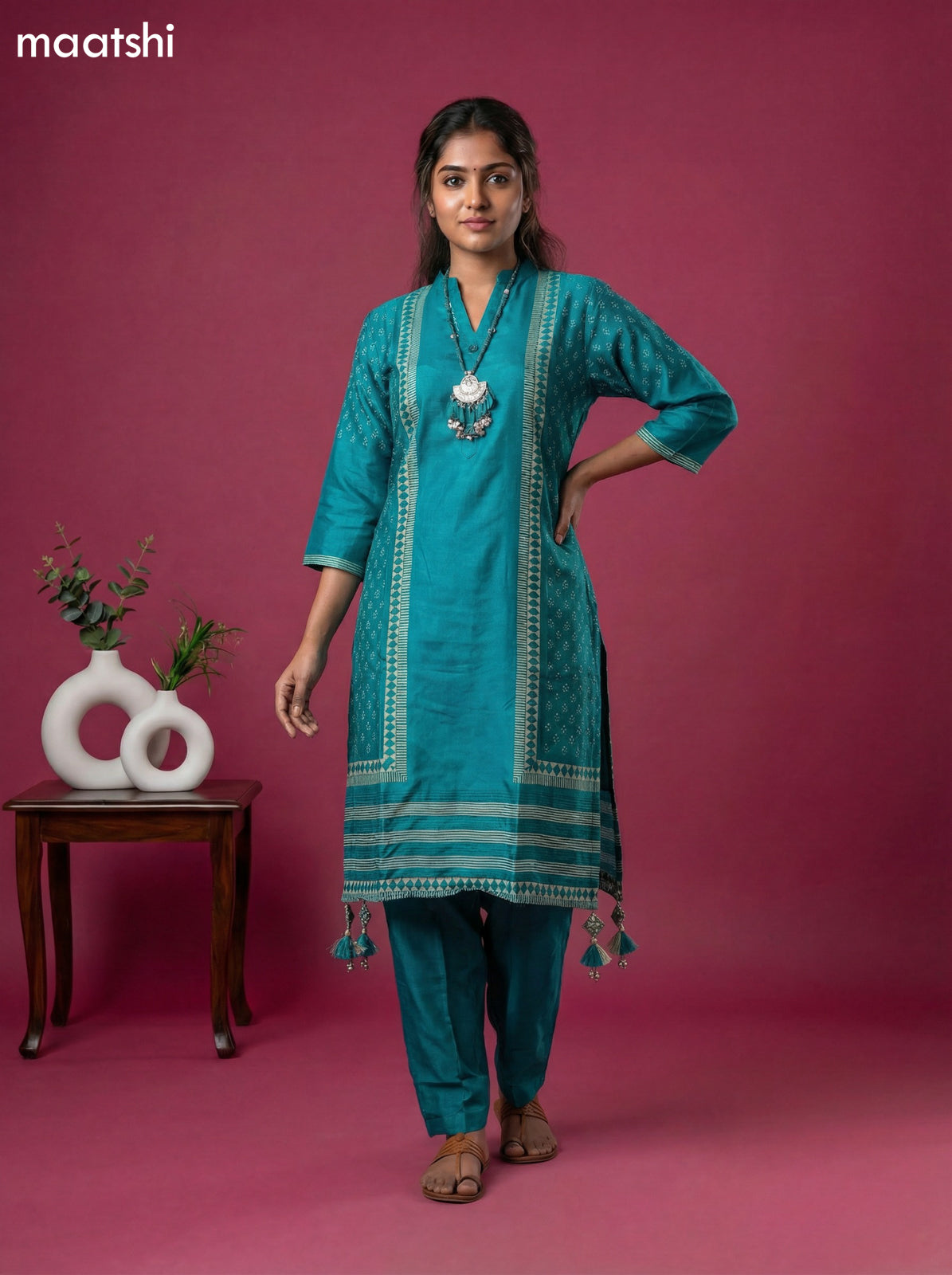 Teal Blue Art Tussar Printed Fish Cut Kurti Set