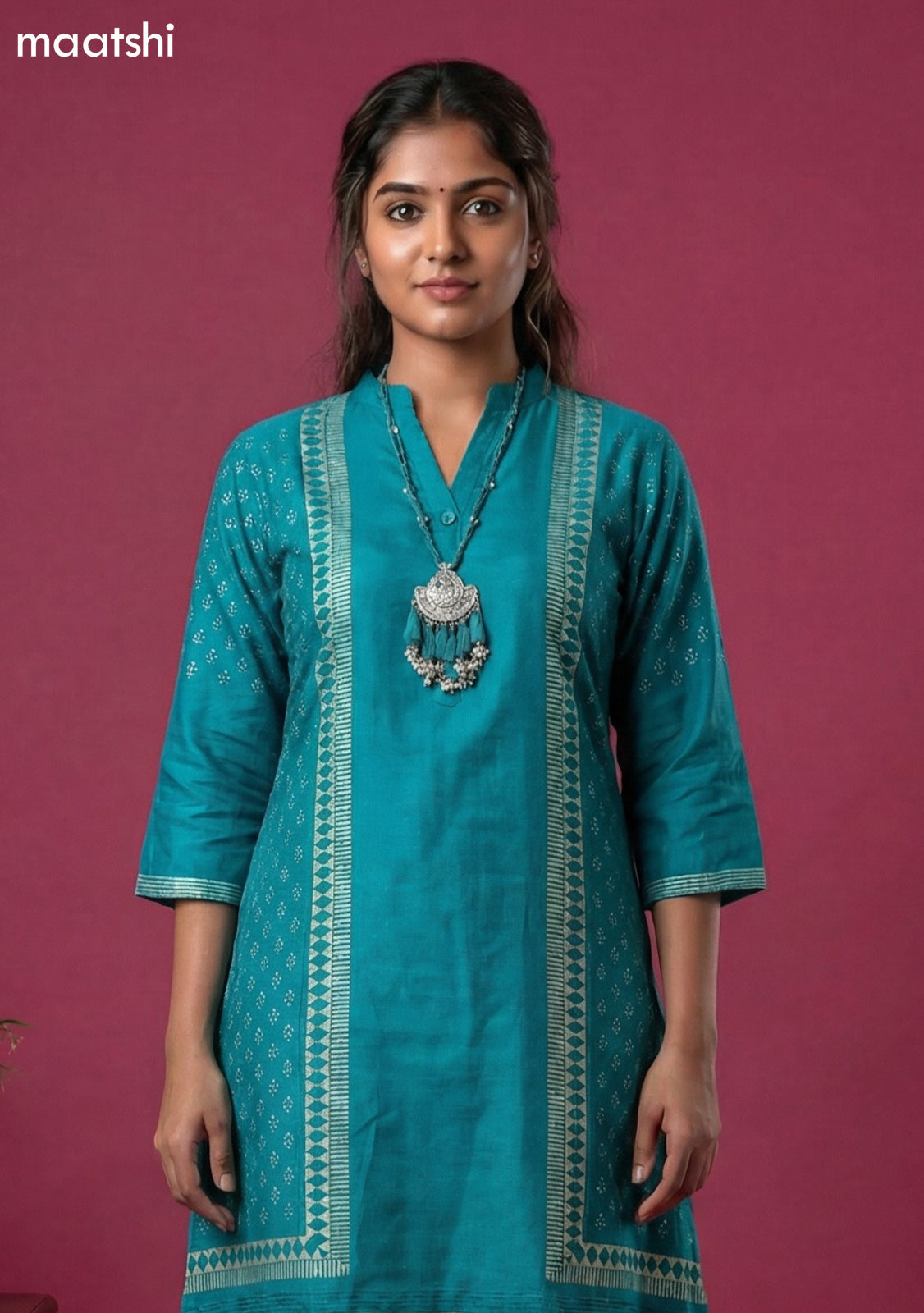 Teal Blue Art Tussar Printed Fish Cut Kurti Set
