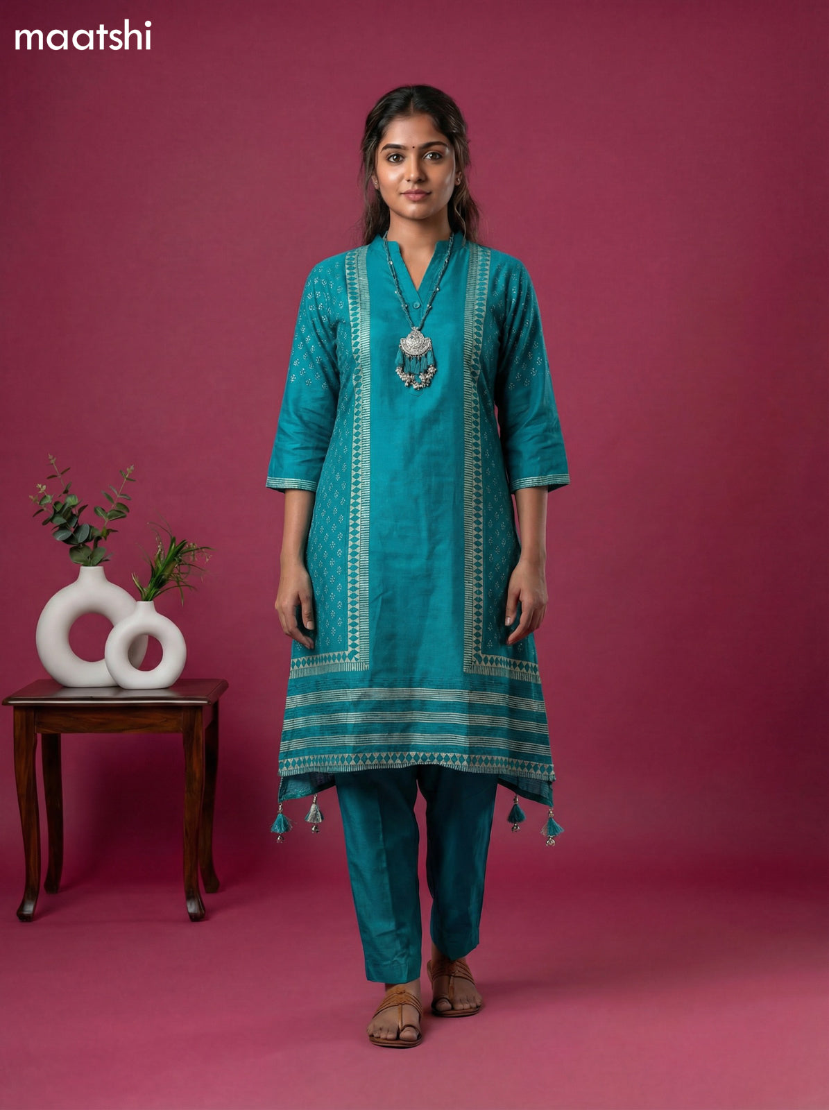 Teal Blue Art Tussar Printed Fish Cut Kurti Set