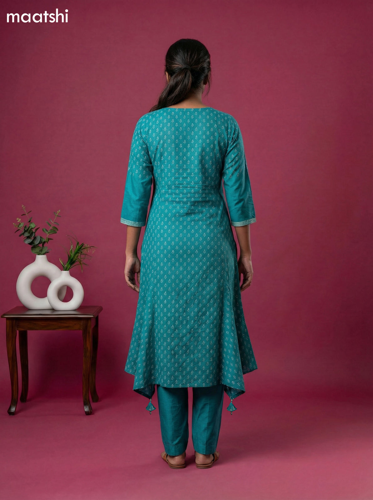 Teal Blue Art Tussar Printed Fish Cut Kurti Set