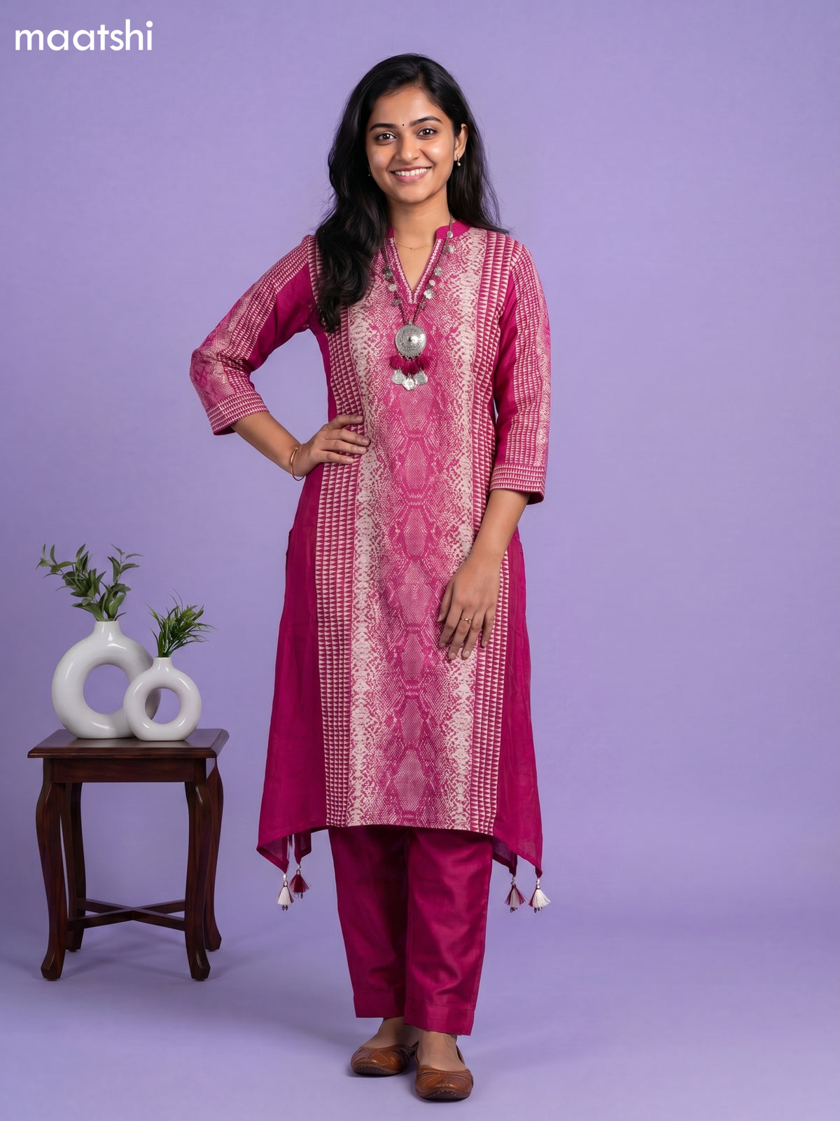Magenta Pink Art Tussar Printed Fish Cut Kurti Set