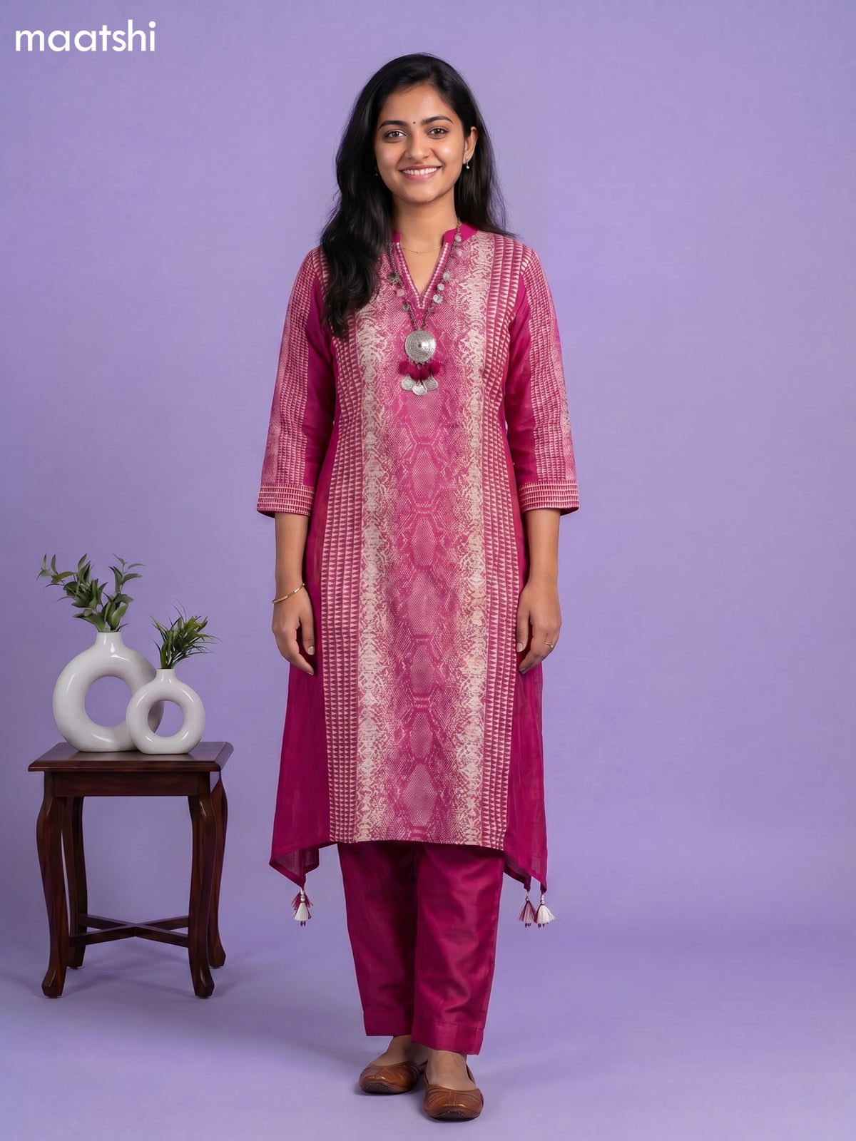 Magenta Pink Art Tussar Printed Fish Cut Kurti Set
