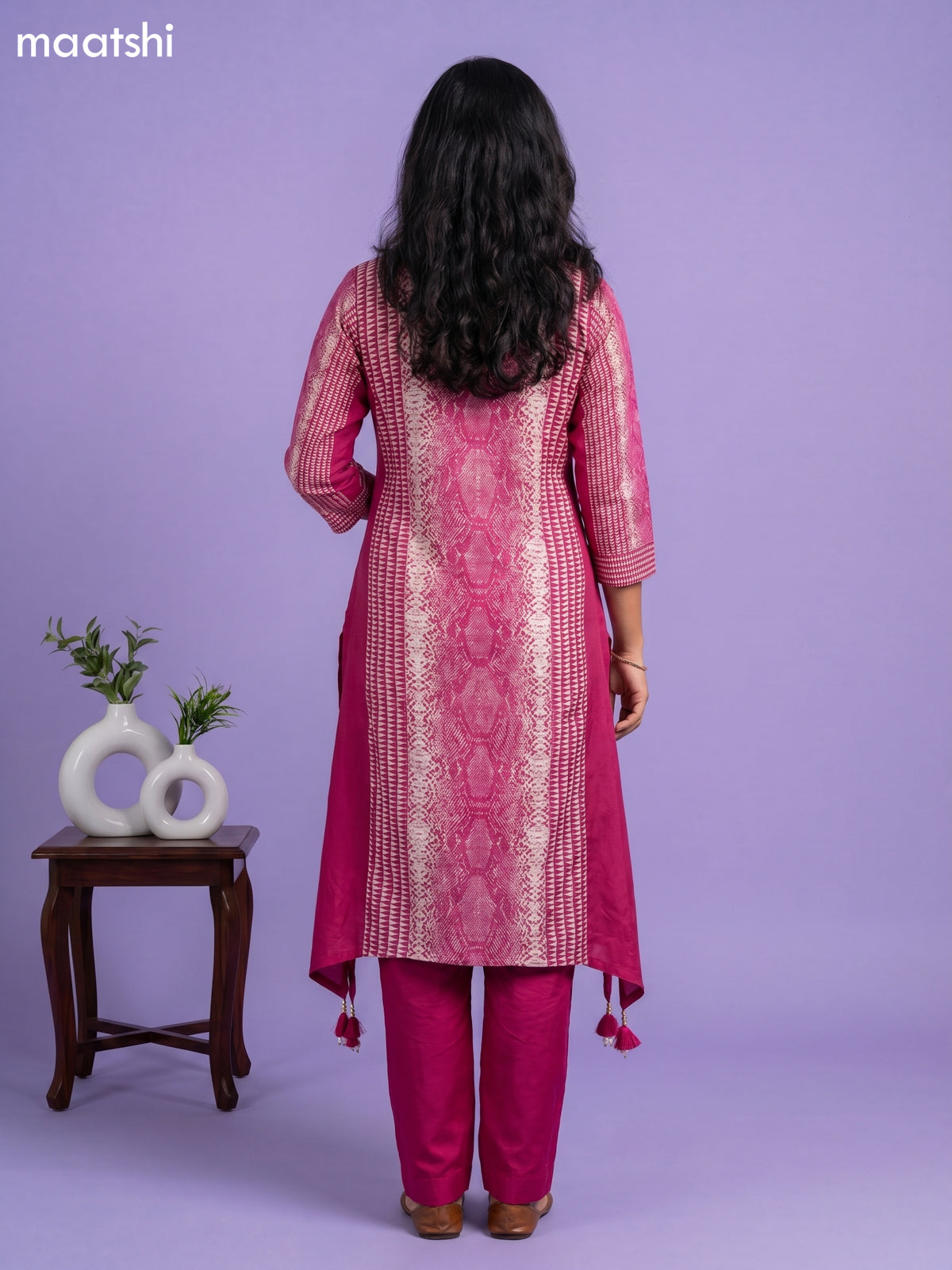 Magenta Pink Art Tussar Printed Fish Cut Kurti Set