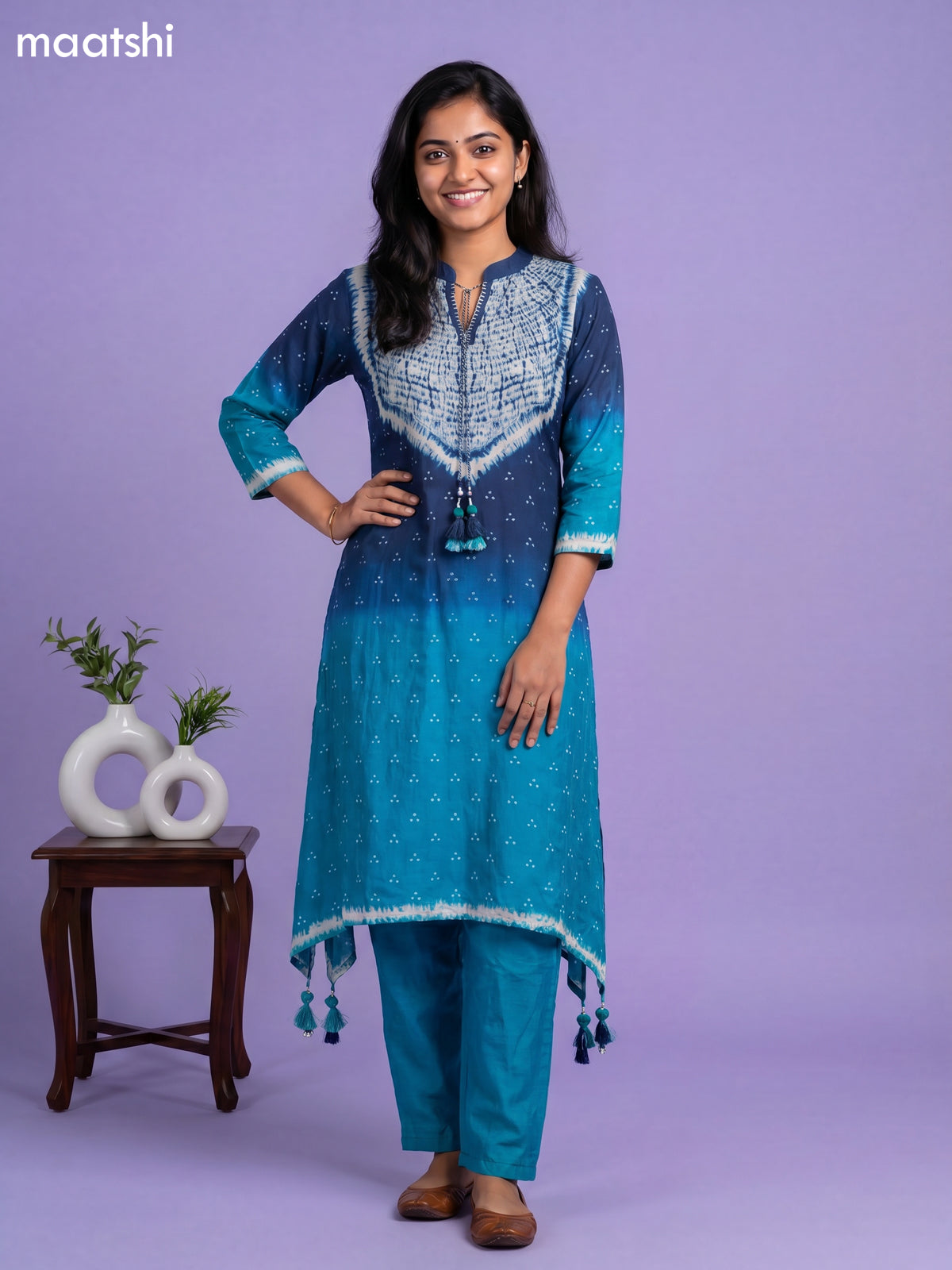 Peacock Blue and Teal Blue Art Tussar Shibori Printed Fish Cut Kurti Set