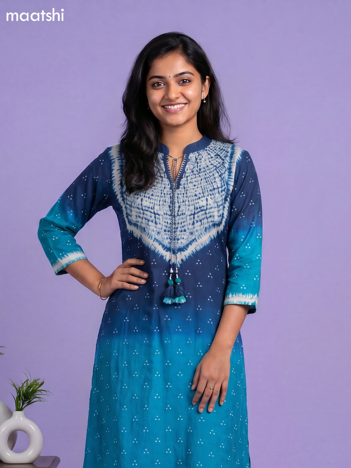 Peacock Blue and Teal Blue Art Tussar Shibori Printed Fish Cut Kurti Set