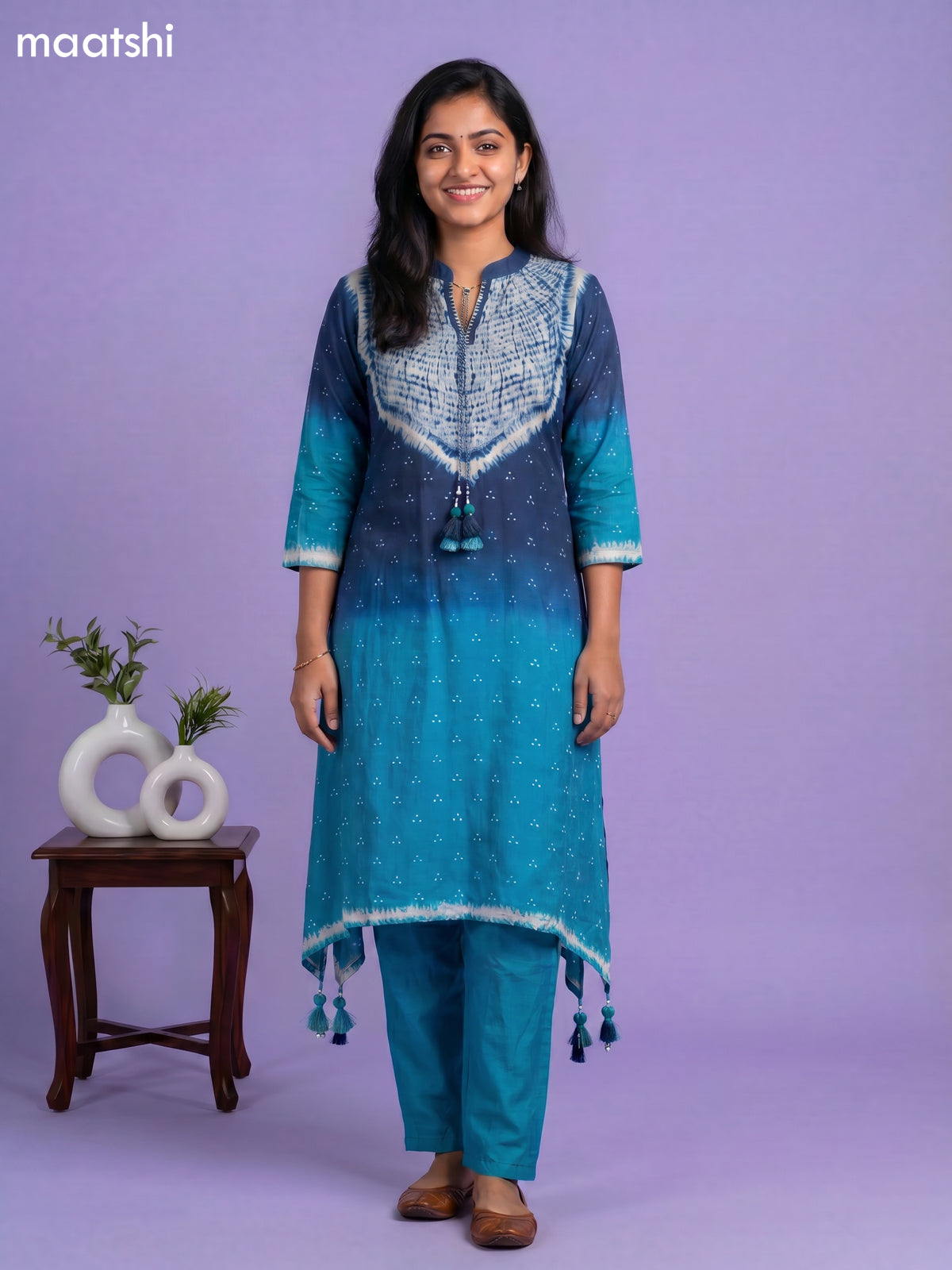 Peacock Blue and Teal Blue Art Tussar Shibori Printed Fish Cut Kurti Set
