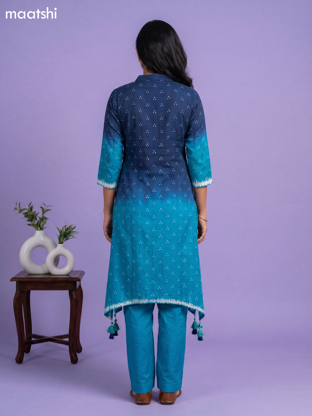 Peacock Blue and Teal Blue Art Tussar Shibori Printed Fish Cut Kurti Set