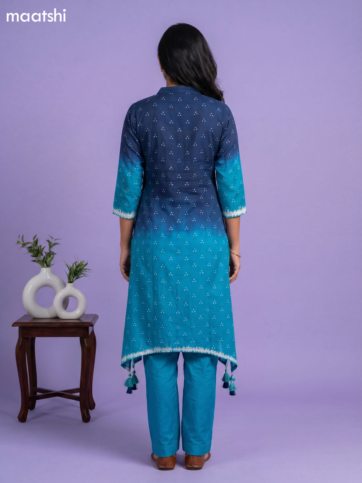 Peacock Blue and Teal Blue Art Tussar Shibori Printed Fish Cut Kurti Set