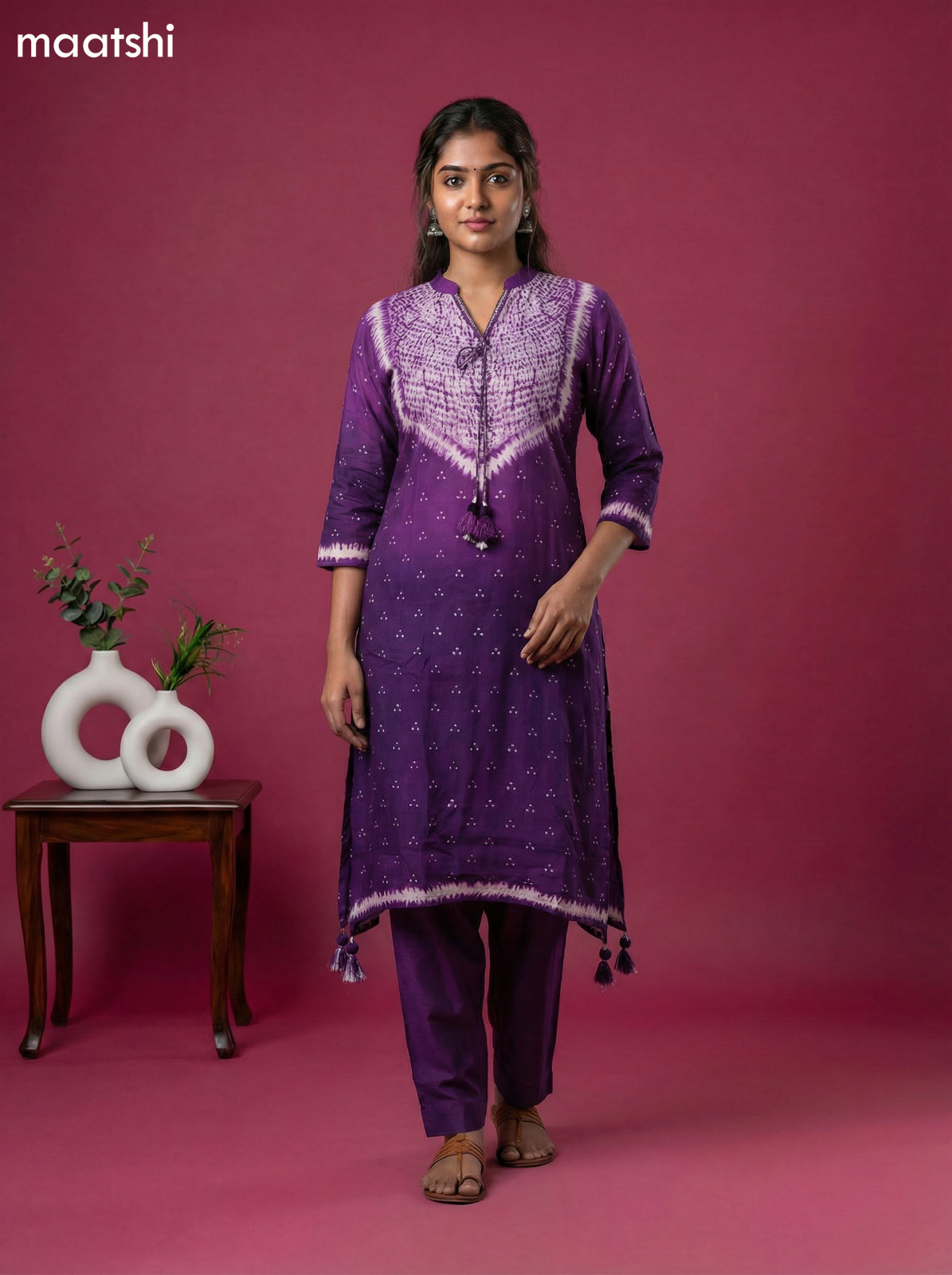 Purple Art Tussar Shibori Printed Fish Cut Kurti Set