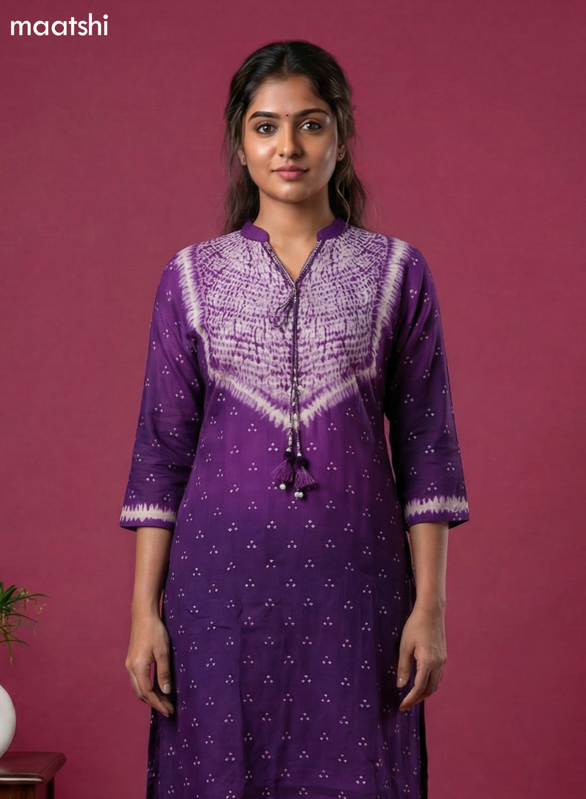 Purple Art Tussar Shibori Printed Fish Cut Kurti Set