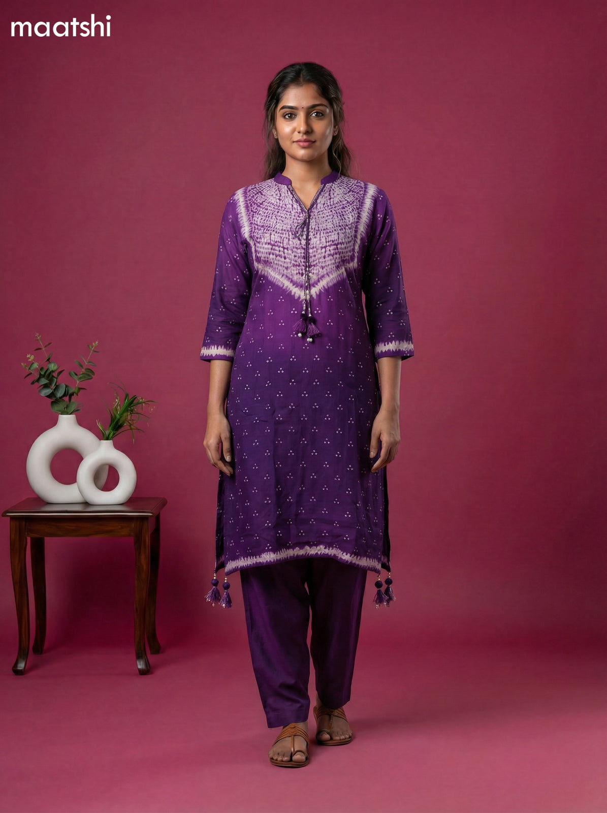 Purple Art Tussar Shibori Printed Fish Cut Kurti Set