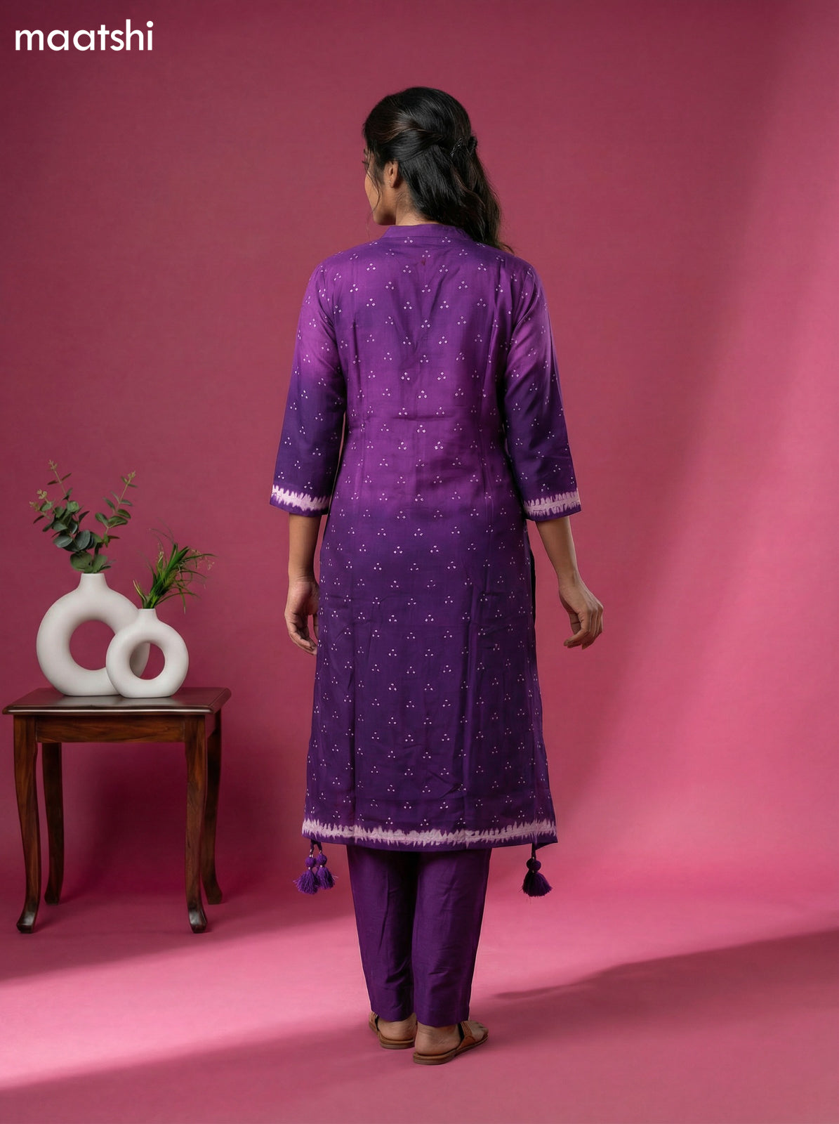 Purple Art Tussar Shibori Printed Fish Cut Kurti Set