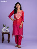 Red and Pink Art Tussar Shibori Printed Fish Cut Kurti Set