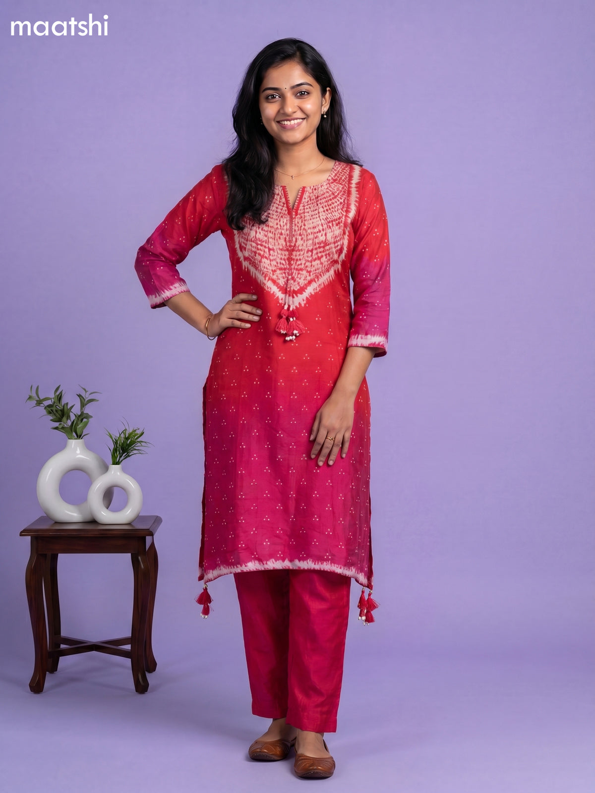 Red and Pink Art Tussar Shibori Printed Fish Cut Kurti Set