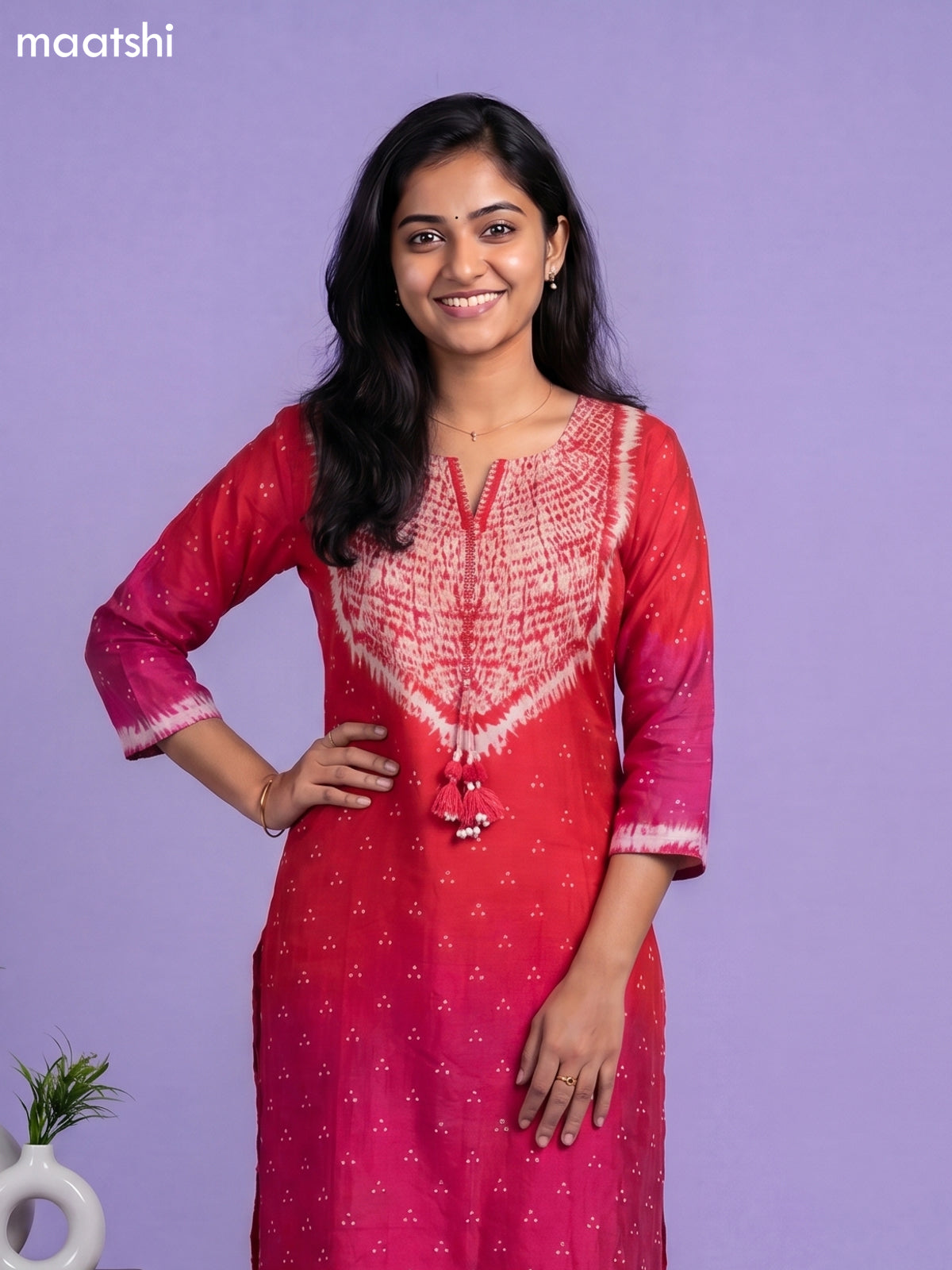Red and Pink Art Tussar Shibori Printed Fish Cut Kurti Set