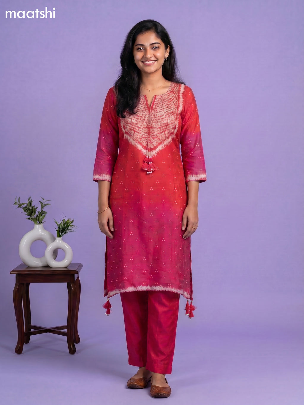 Red and Pink Art Tussar Shibori Printed Fish Cut Kurti Set