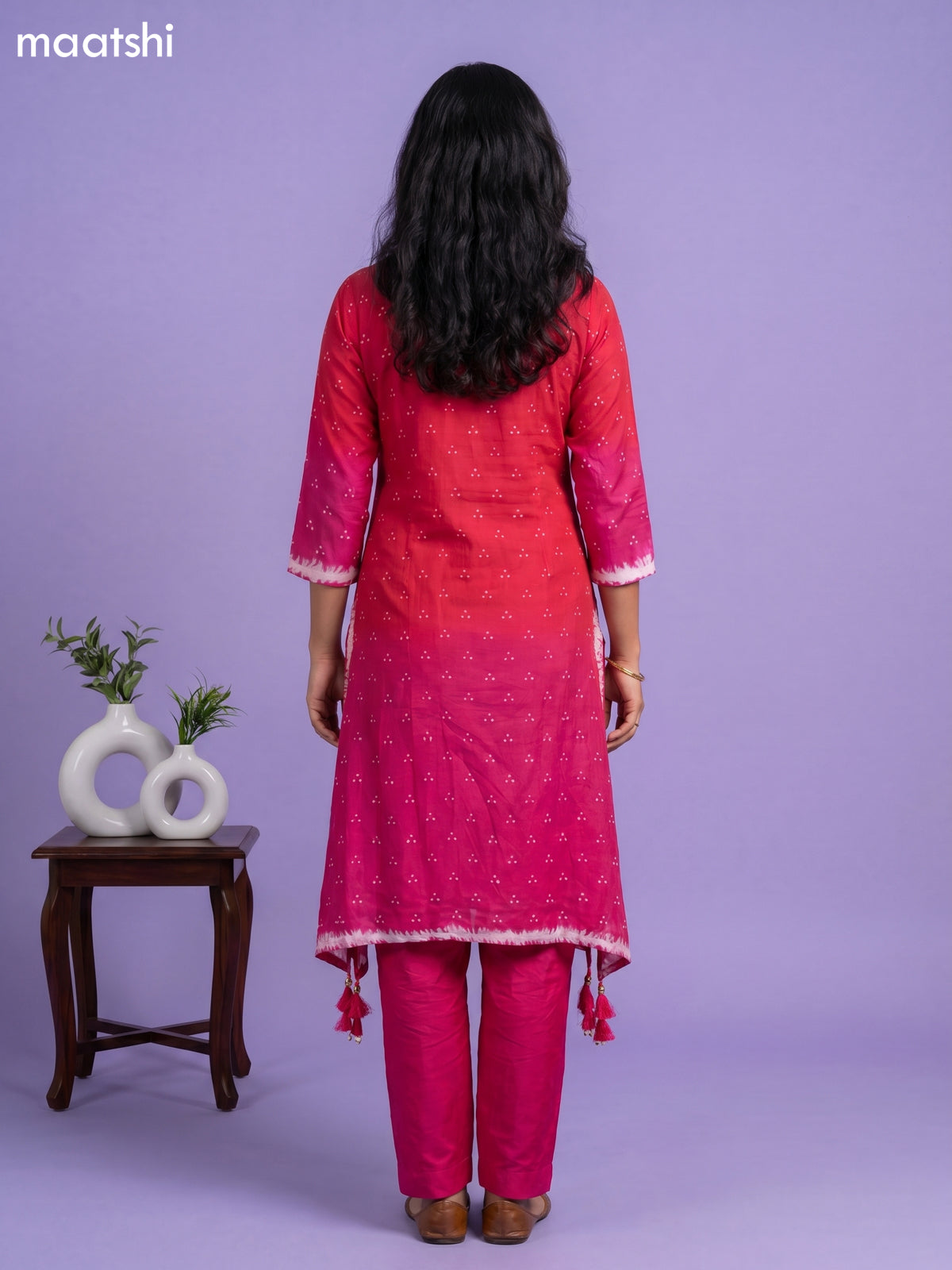 Red and Pink Art Tussar Shibori Printed Fish Cut Kurti Set