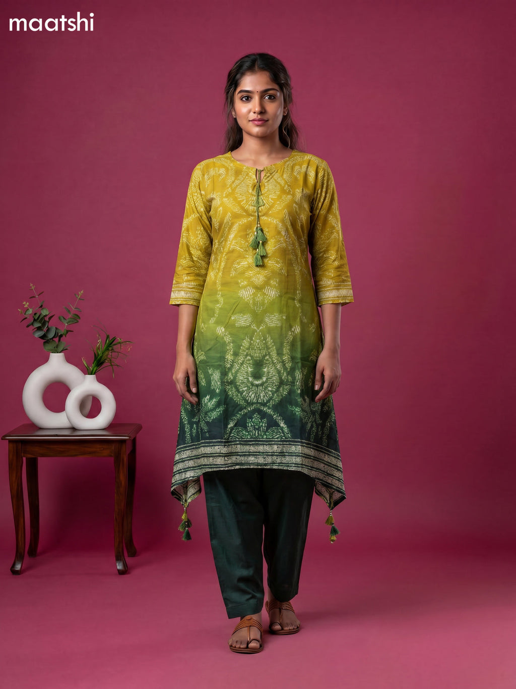 Lime Green and Green Art Tussar Shibori Printed Fish Cut Kurti Set