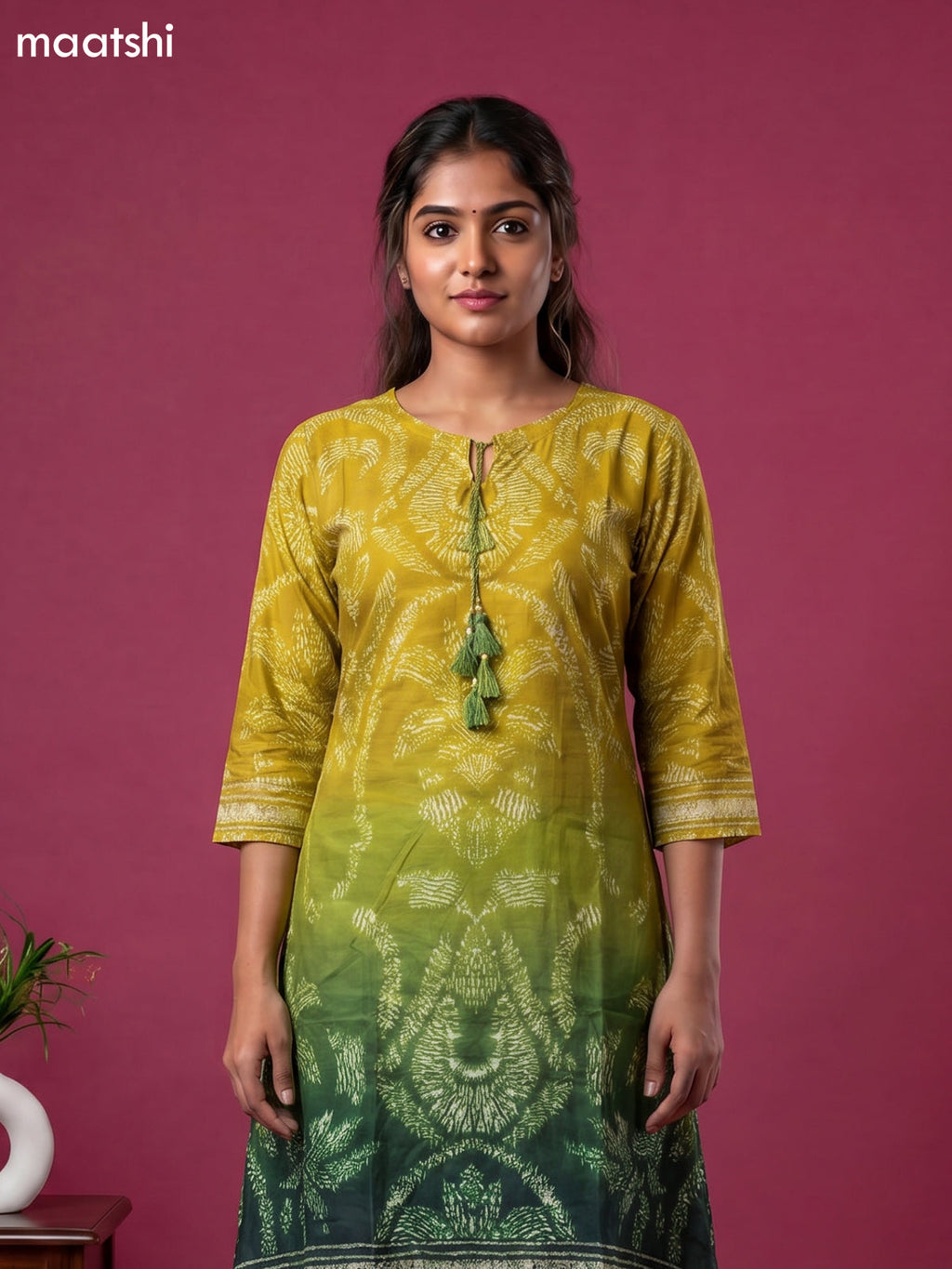 Lime Green and Green Art Tussar Shibori Printed Fish Cut Kurti Set
