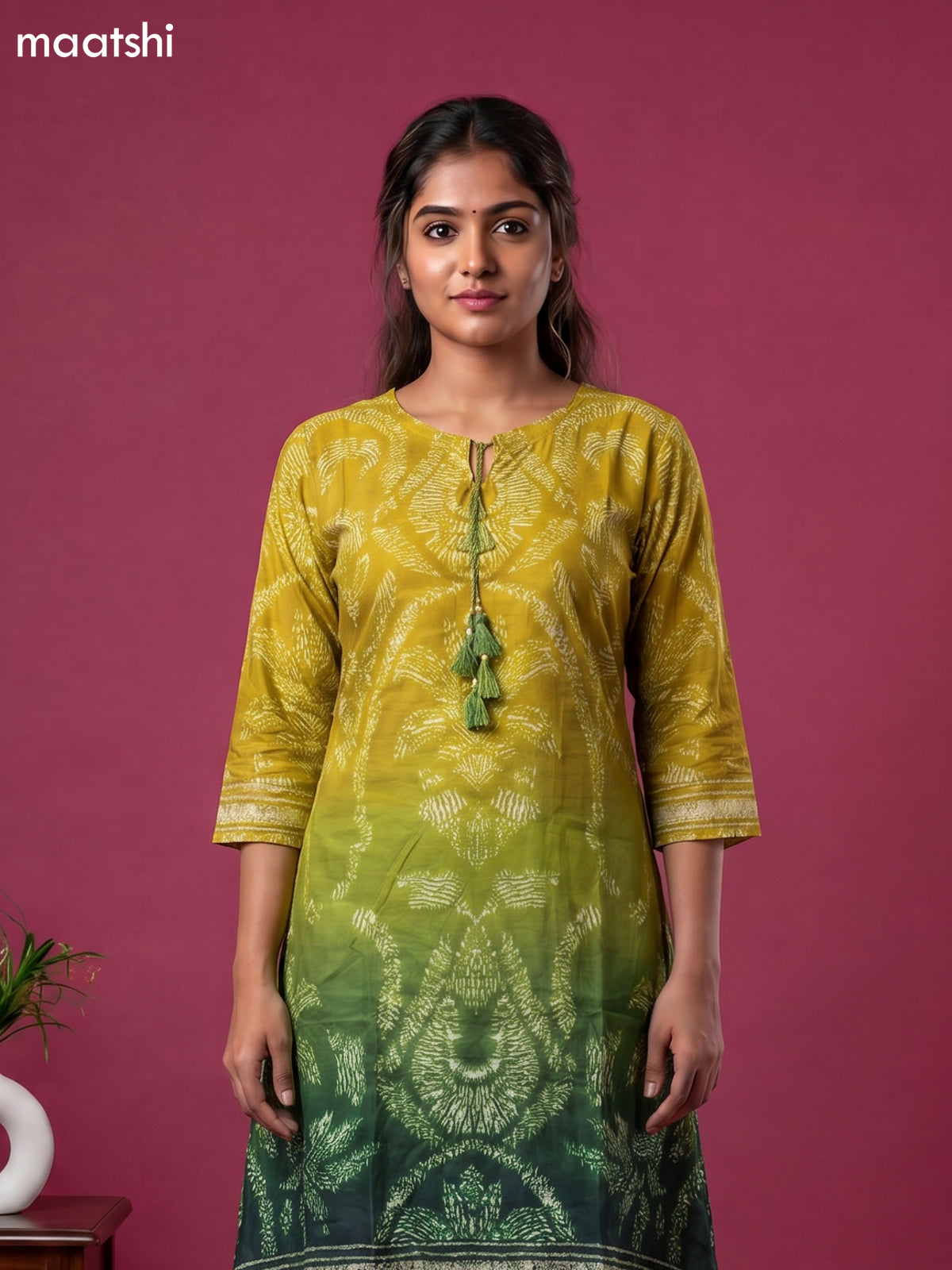 Lime Green and Green Art Tussar Shibori Printed Fish Cut Kurti Set