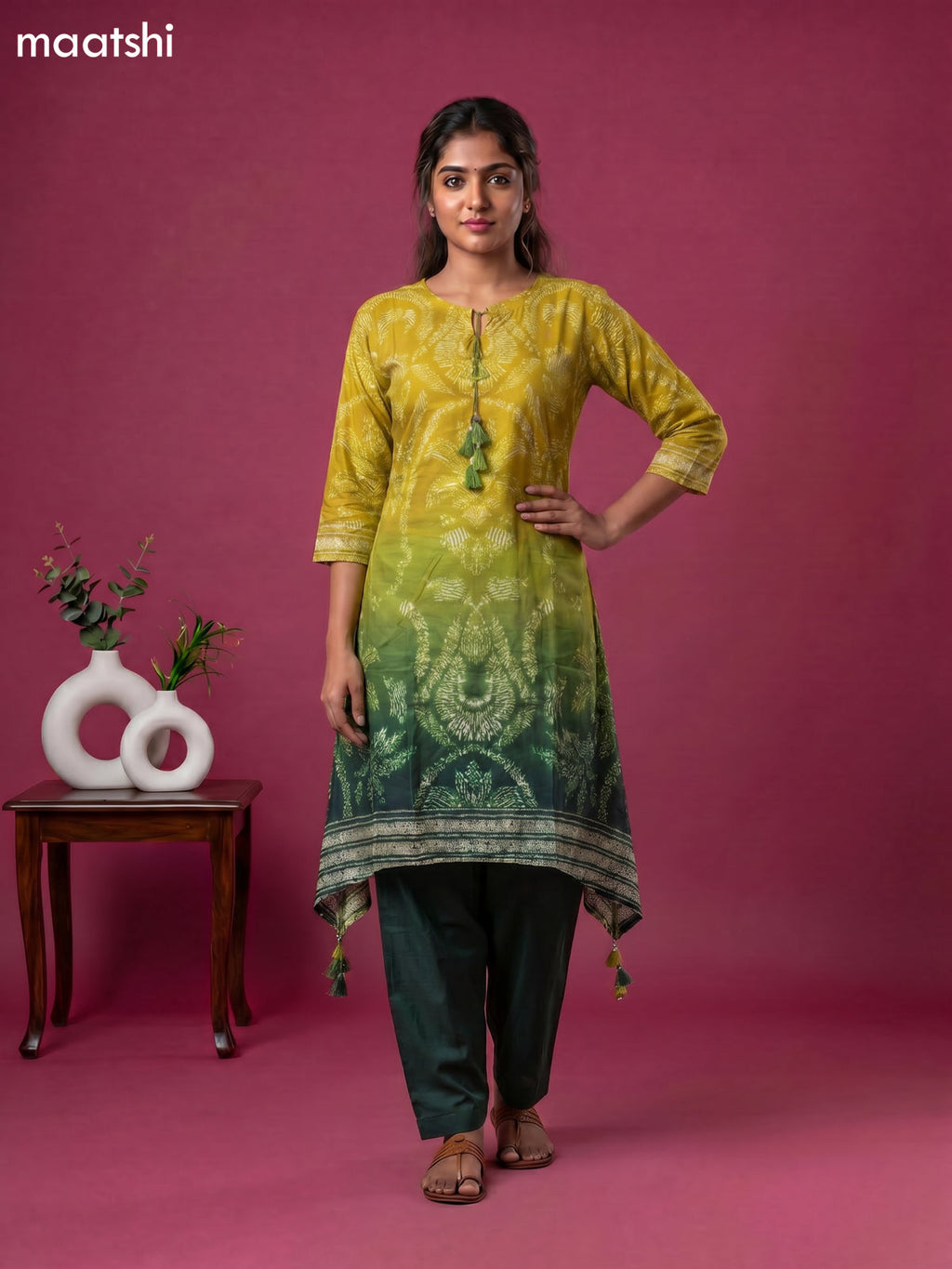 Lime Green and Green Art Tussar Shibori Printed Fish Cut Kurti Set