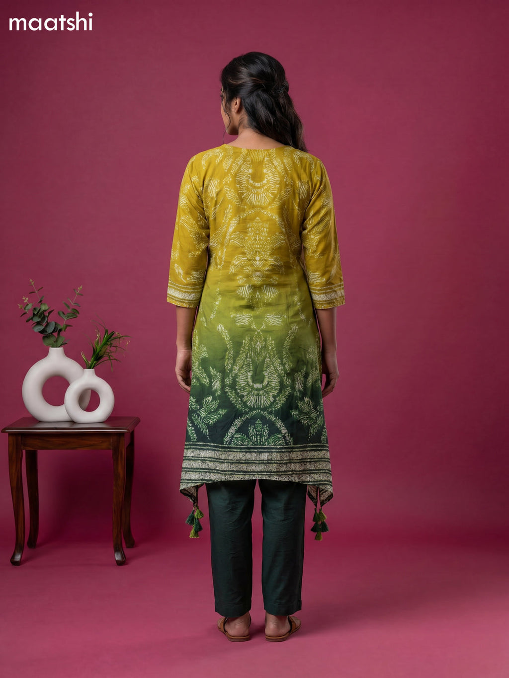 Lime Green and Green Art Tussar Shibori Printed Fish Cut Kurti Set