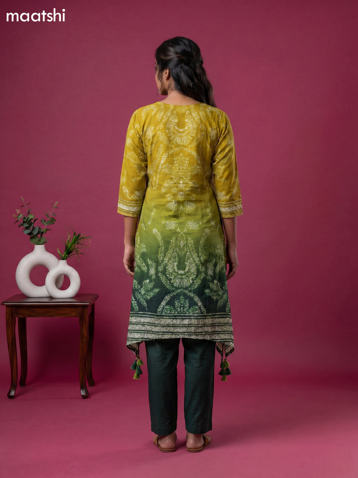 Lime Green and Green Art Tussar Shibori Printed Fish Cut Kurti Set