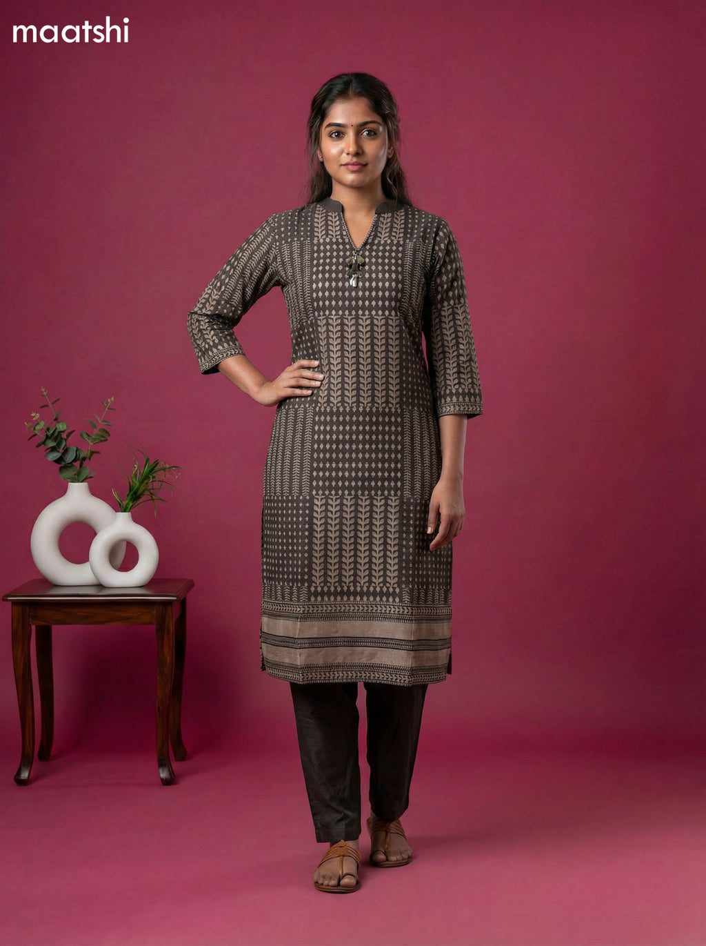 Dark Brown Art Tussar Printed Kurti Set