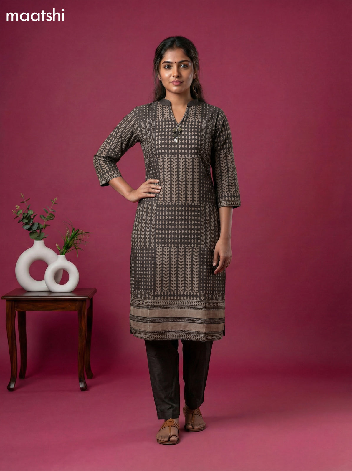 Dark Brown Art Tussar Printed Kurti Set
