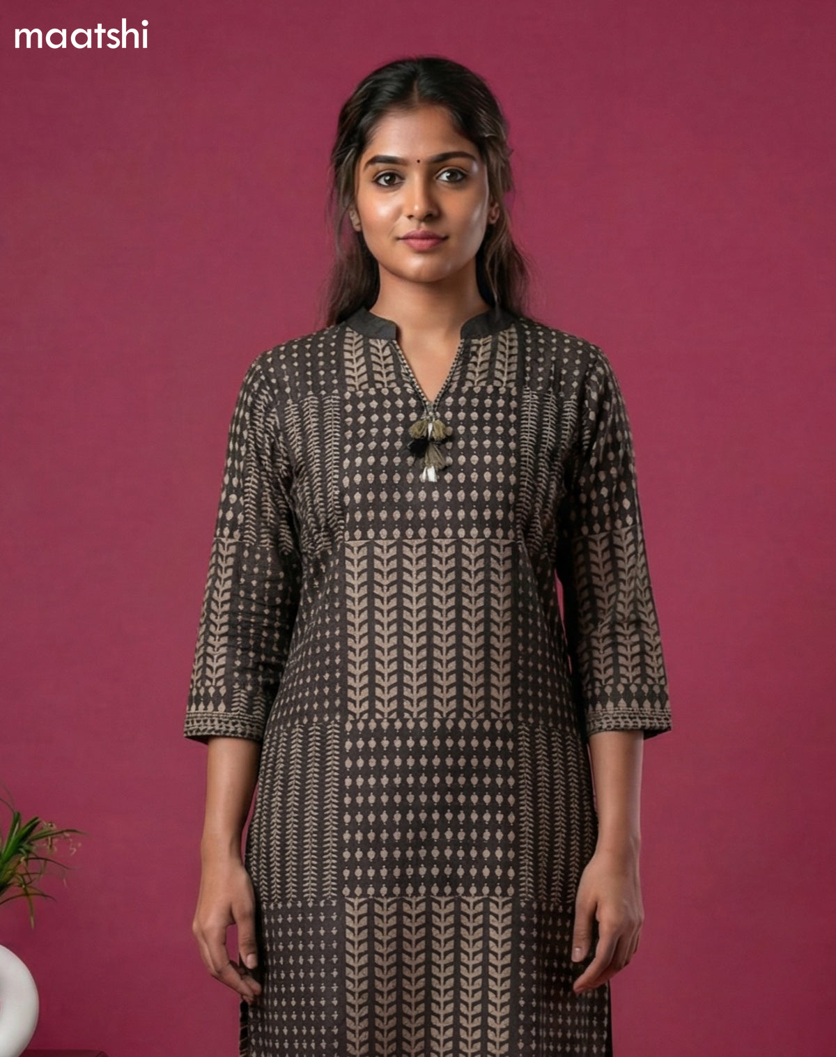 Dark Brown Art Tussar Printed Kurti Set