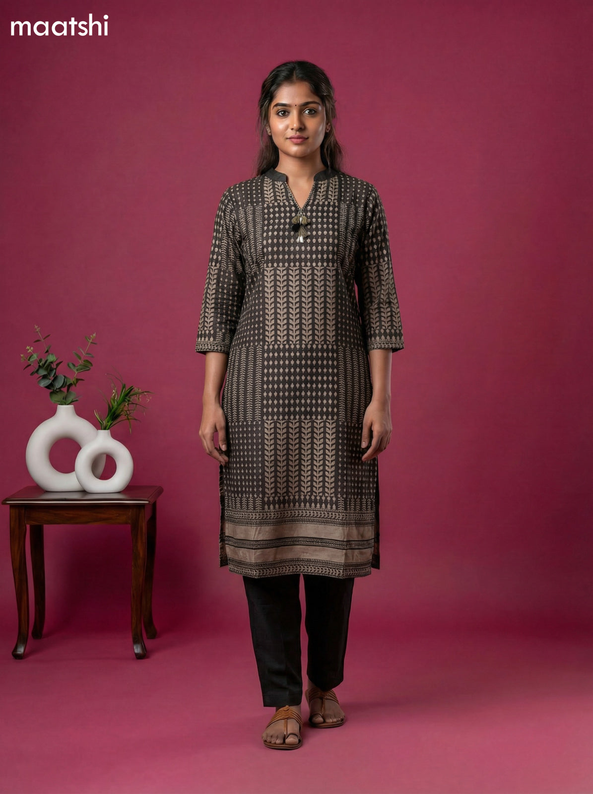 Dark Brown Art Tussar Printed Kurti Set