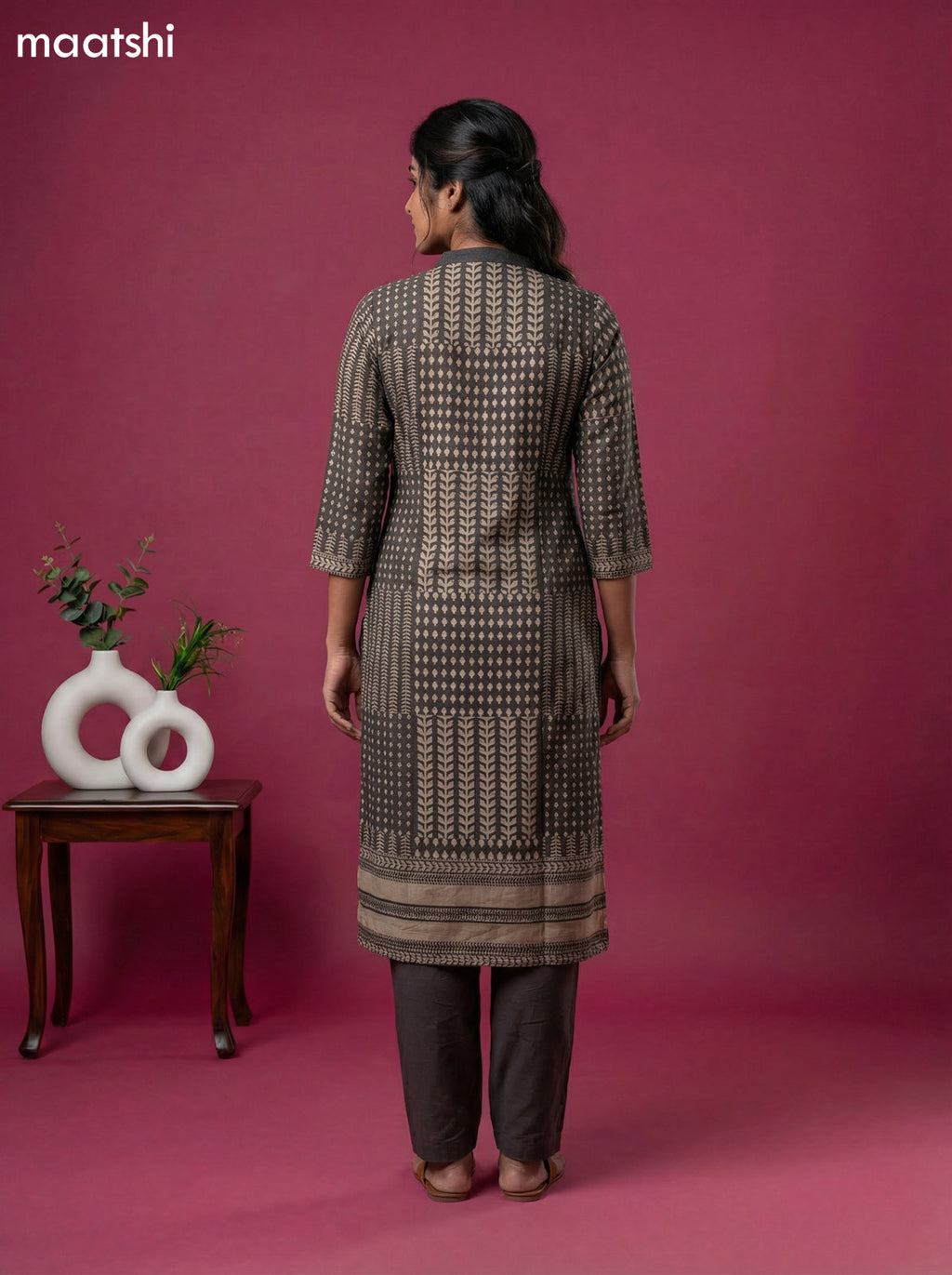 Dark Brown Art Tussar Printed Kurti Set