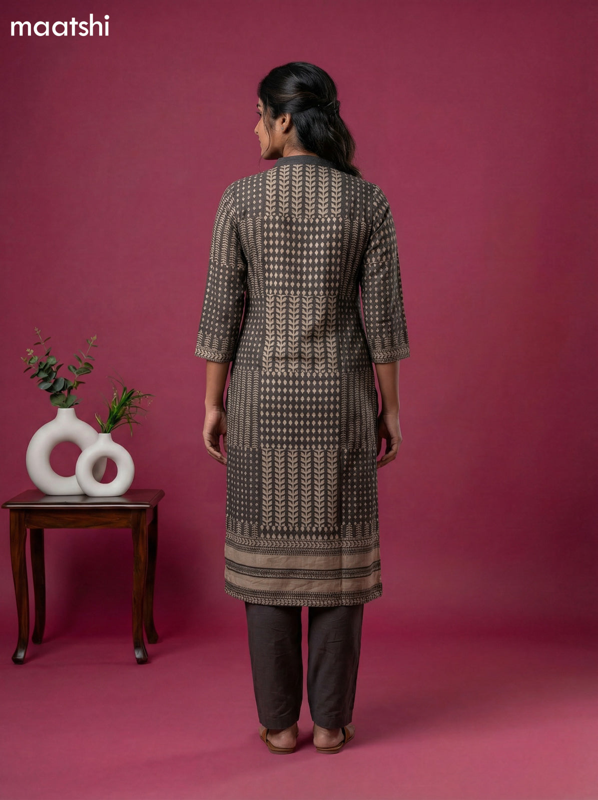 Dark Brown Art Tussar Printed Kurti Set