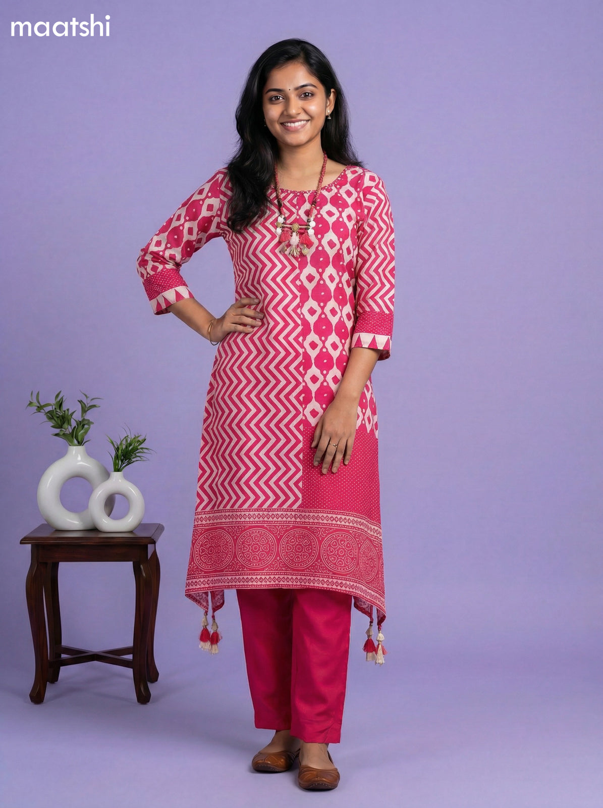 Pink and Beige Art Tussar Printed Fish Cut Kurti Set