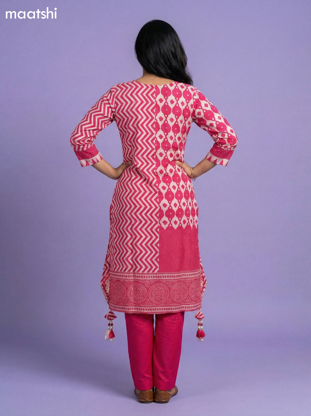 Pink and Beige Art Tussar Printed Fish Cut Kurti Set