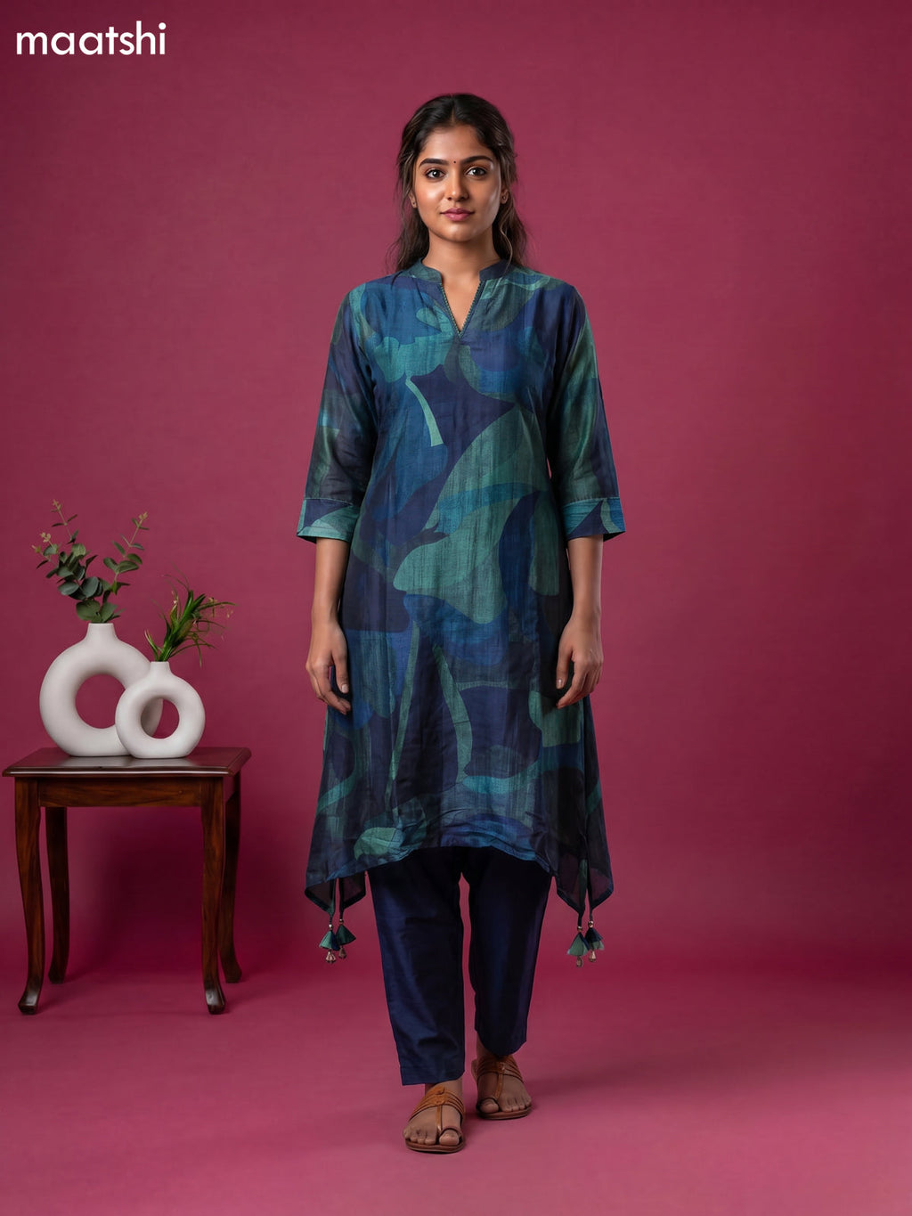 Peacock Blue Art Tussar Printed Fish Cut Kurti Set