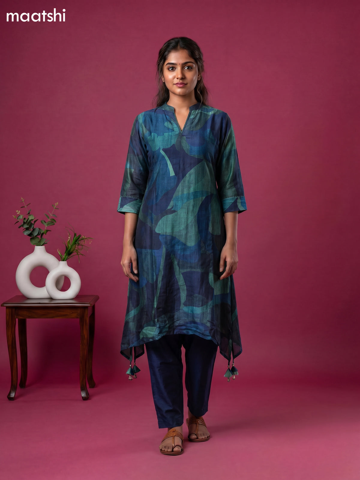 Peacock Blue Art Tussar Printed Fish Cut Kurti Set