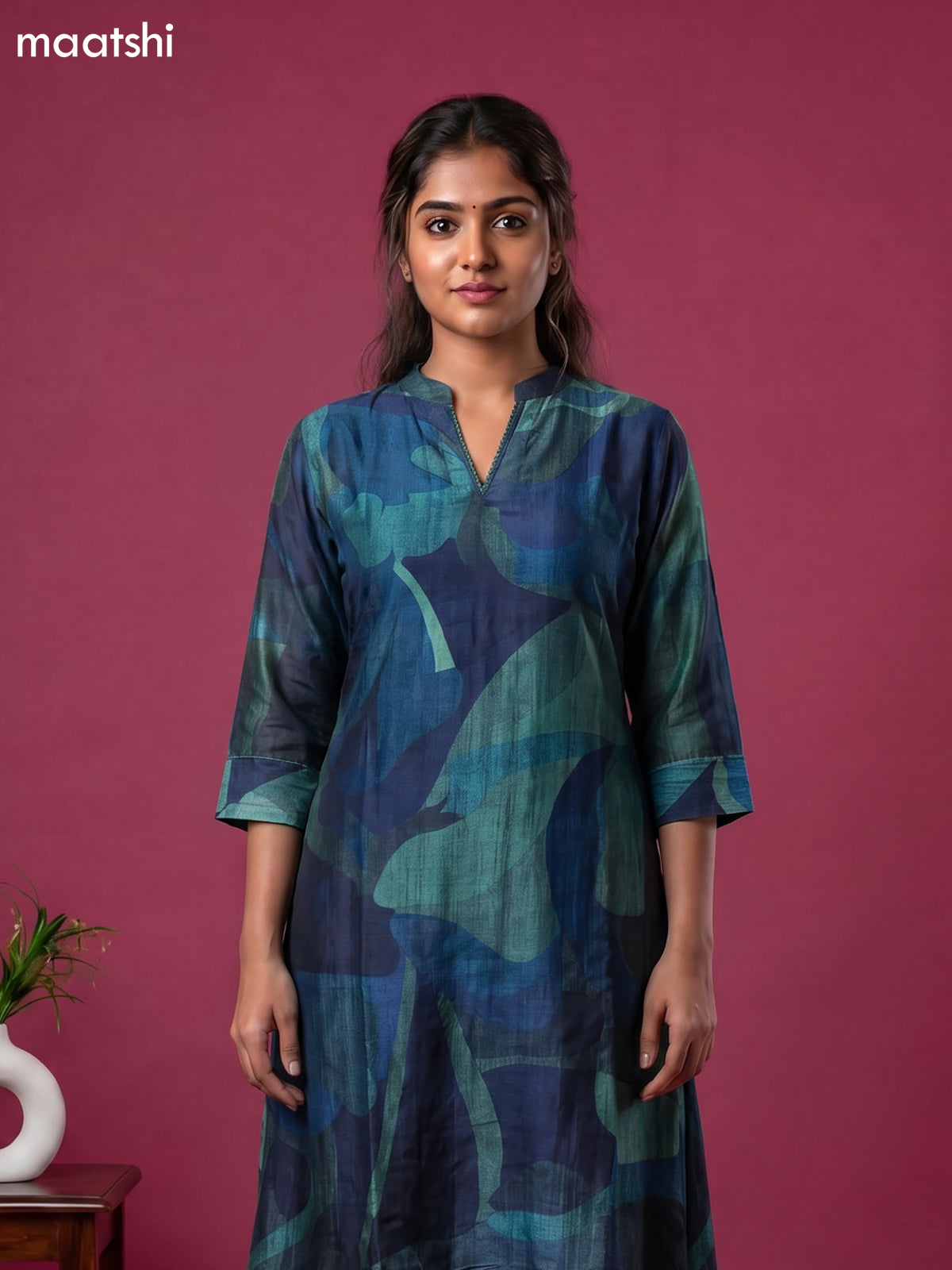 Peacock Blue Art Tussar Printed Fish Cut Kurti Set