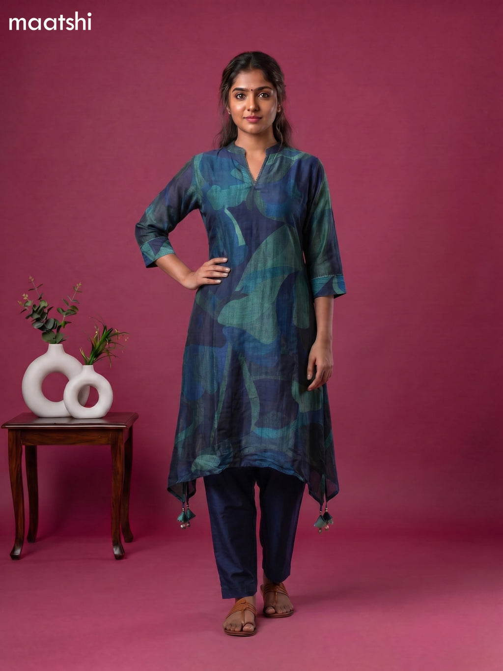 Peacock Blue Art Tussar Printed Fish Cut Kurti Set
