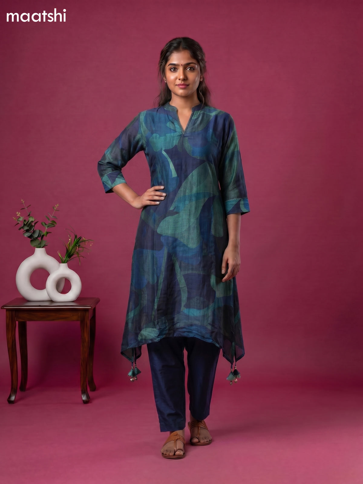 Peacock Blue Art Tussar Printed Fish Cut Kurti Set